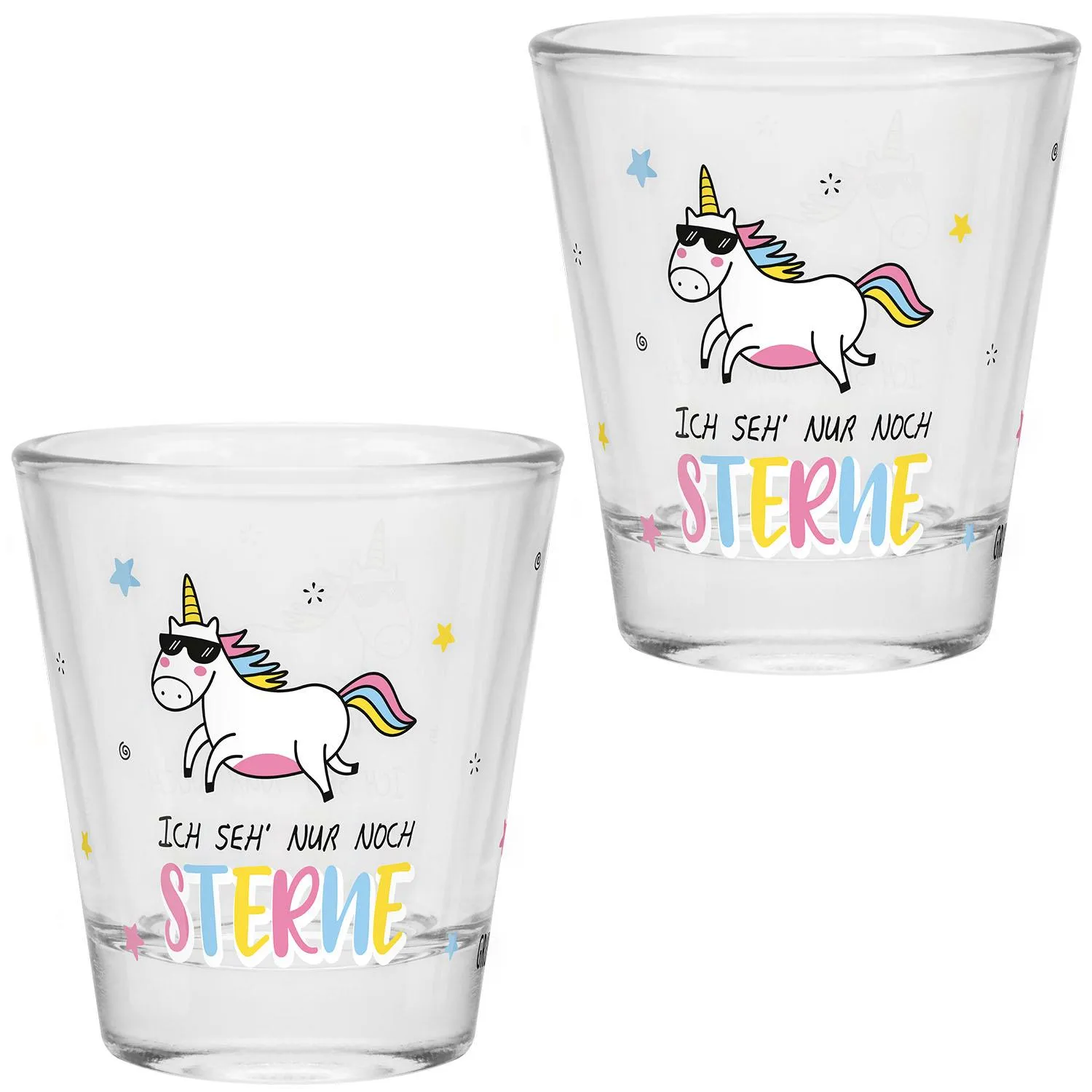 Schnapsglas mit Einhorn-Motiv und buntem Sternen-Spruch