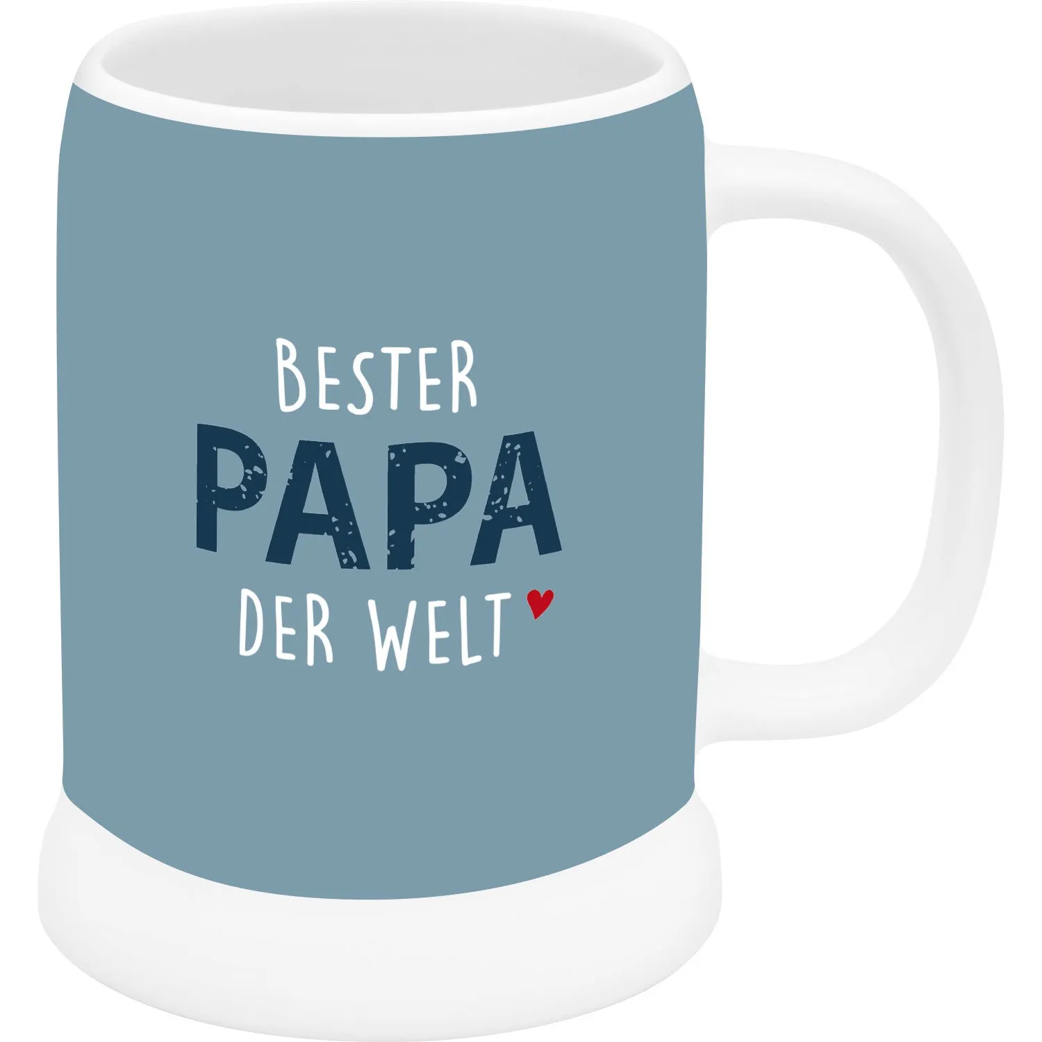 Blauer Steinzeug-Bierkrug mit Aufdruck 'BESTER PAPA DER WELT' und rotem Herz.