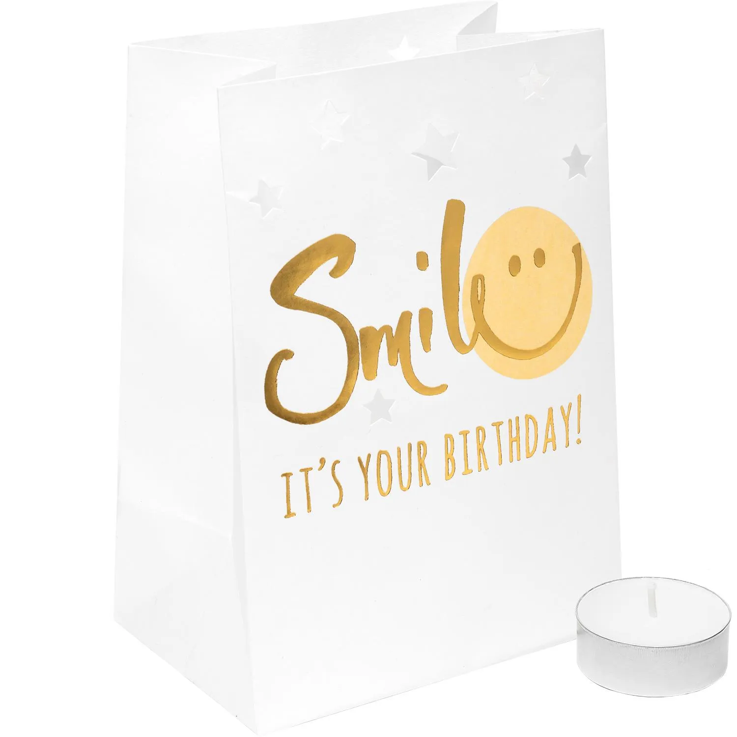 Weiße Lichttüte mit goldenen Smiley-Druck und Sternen, inkl. Teelicht.