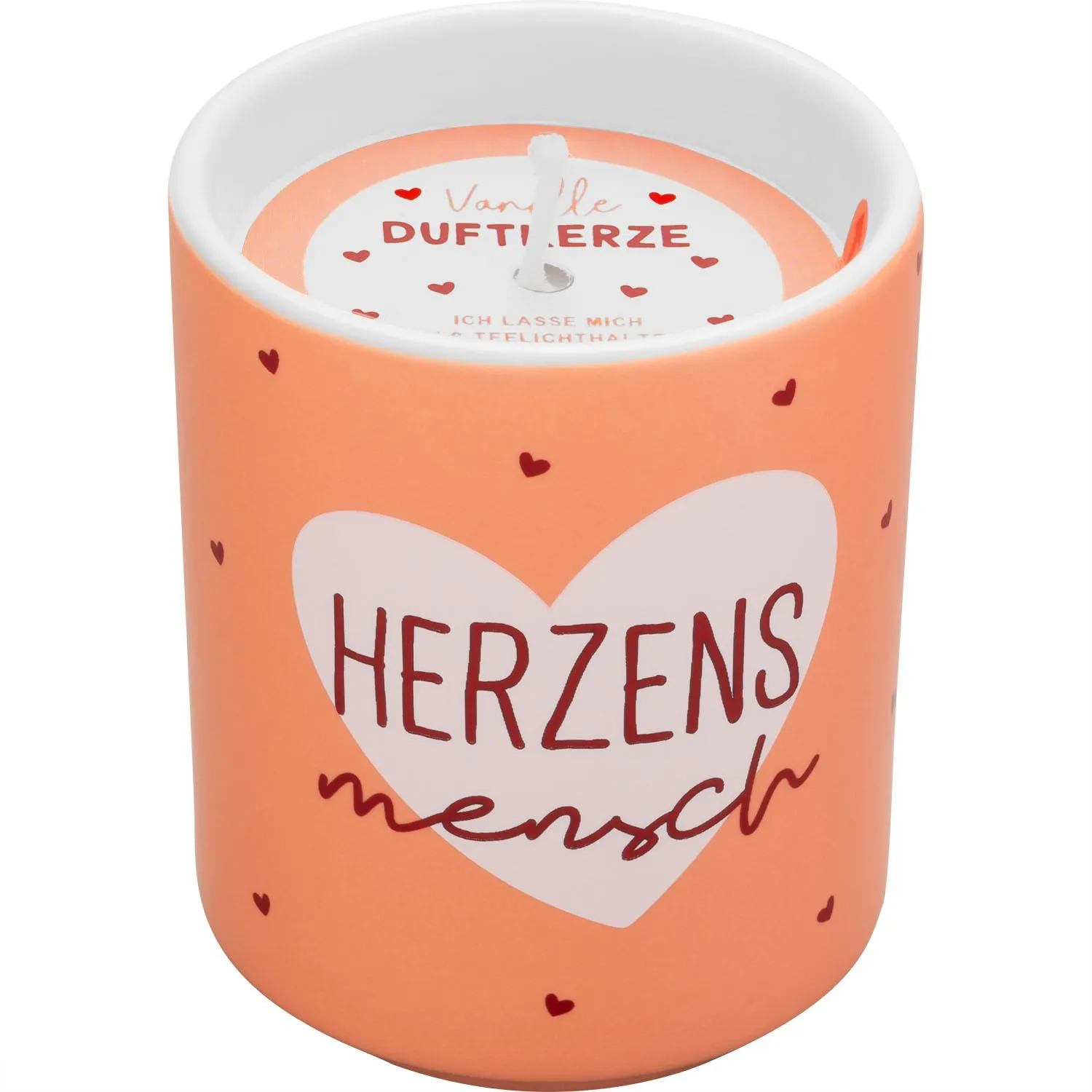 Duftkerze in orangem Porzellankörper mit Herz-Motiv und Aufschrift 'Herzensmensch' (8 cm hoch).