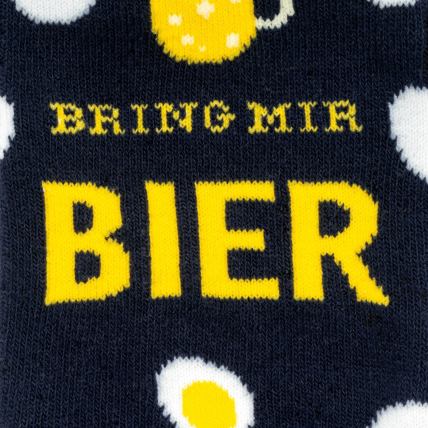 Dunkelblaue Socke mit gelbem Bier-Schriftzug und Blasenmotiven