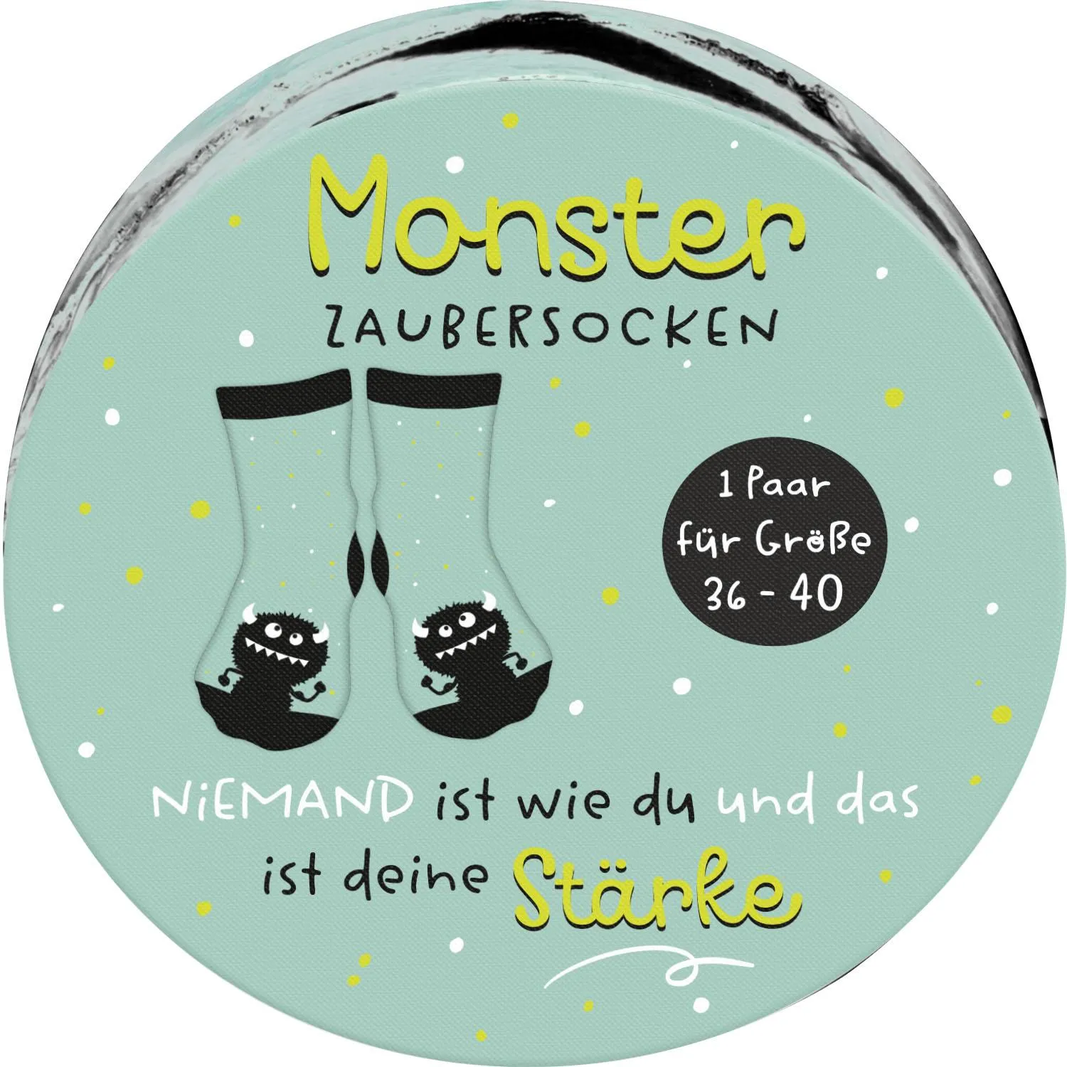 Paar Monster-Zaubersocken in Mintgrün mit schwarzen Monstern, Größe 36-40.