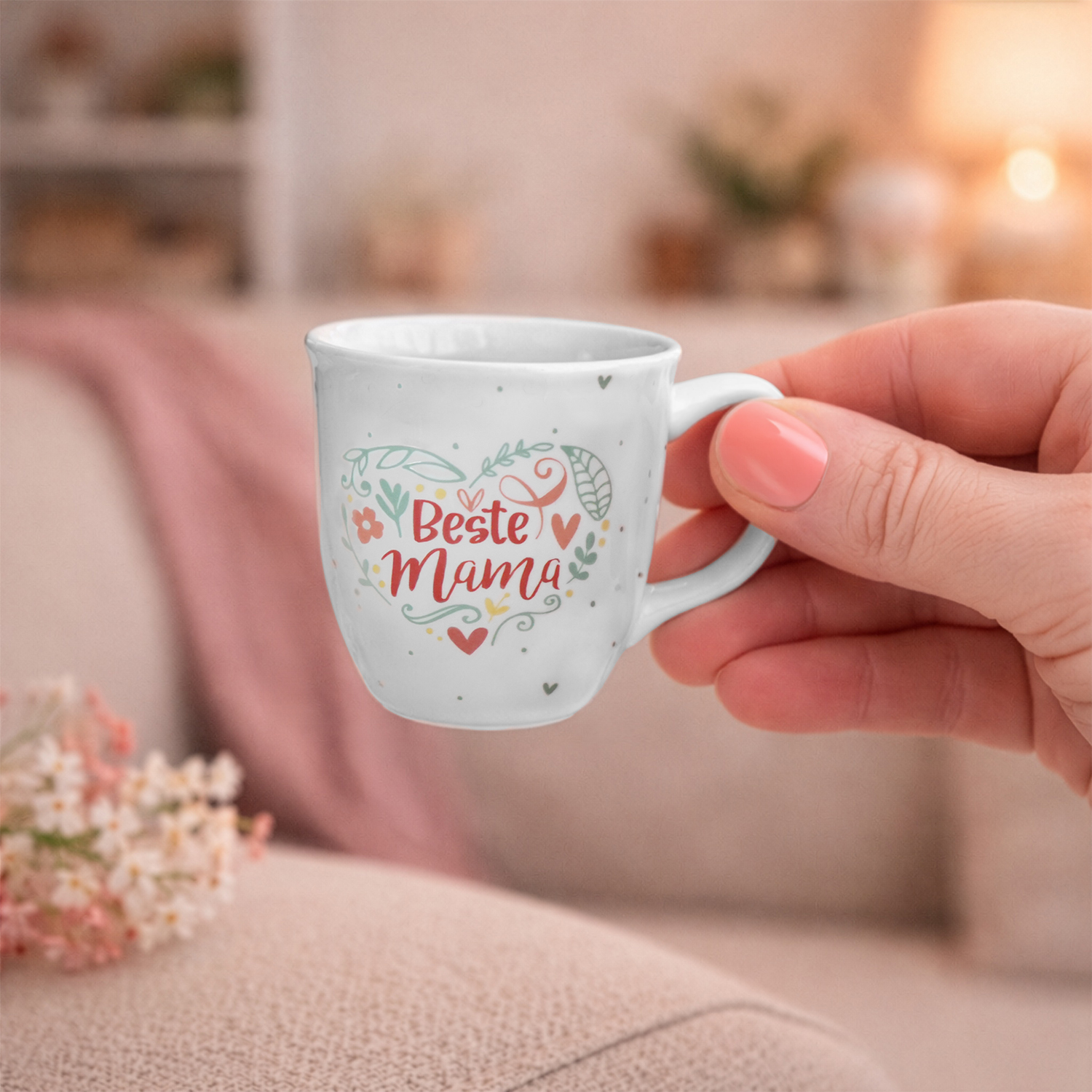Espressotasse mit dem Motiv Beste Mama in pastellfarbenen Blüten und Herzen auf weißem Porzellan.