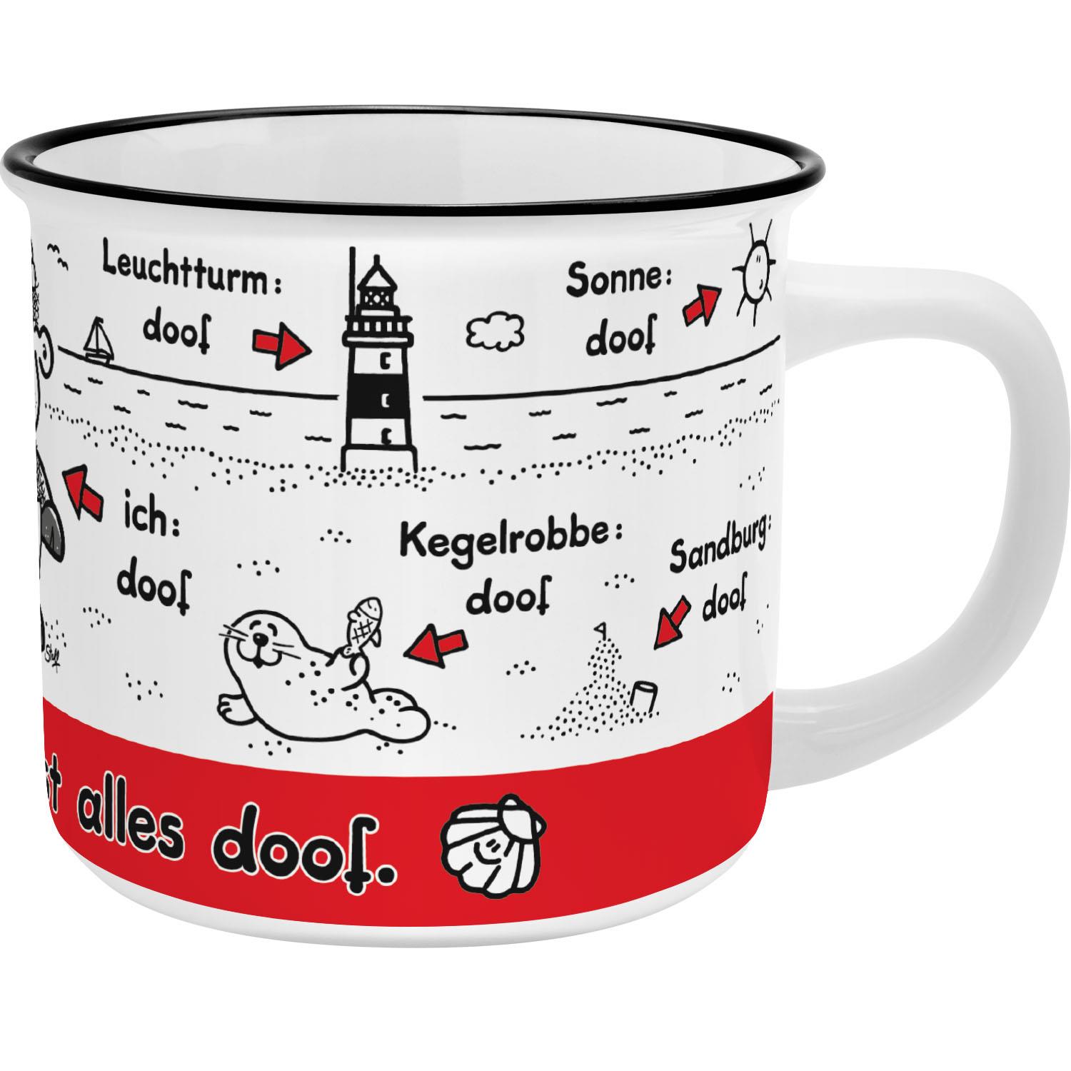 Weiße Porzellan-Tasse mit Küstenmotiven und rotem unteren Rand