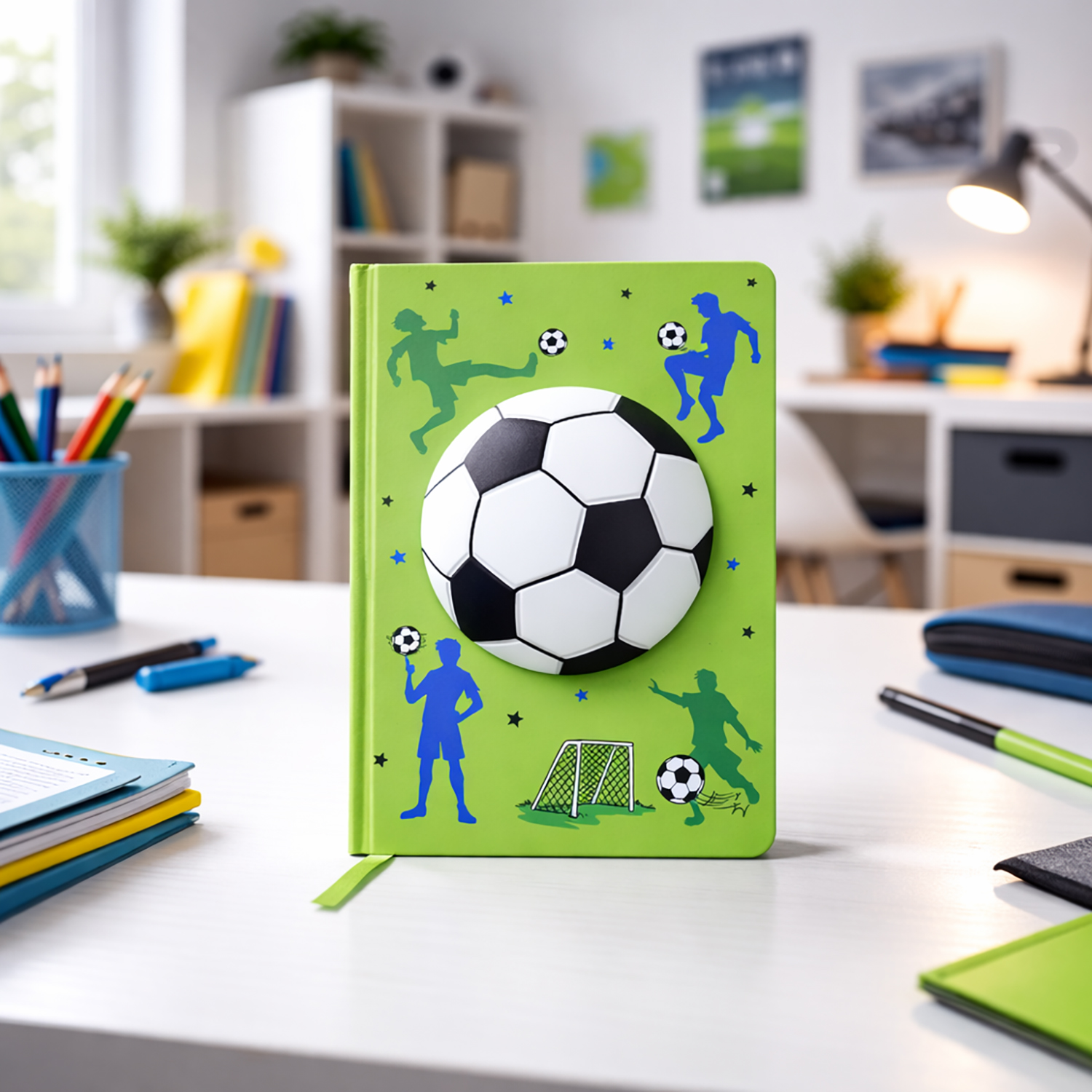 Grünes Notizbuch mit großem 3D-Fußballmotiv und Spieler-Silhouetten, Hardcover, DIN A5.