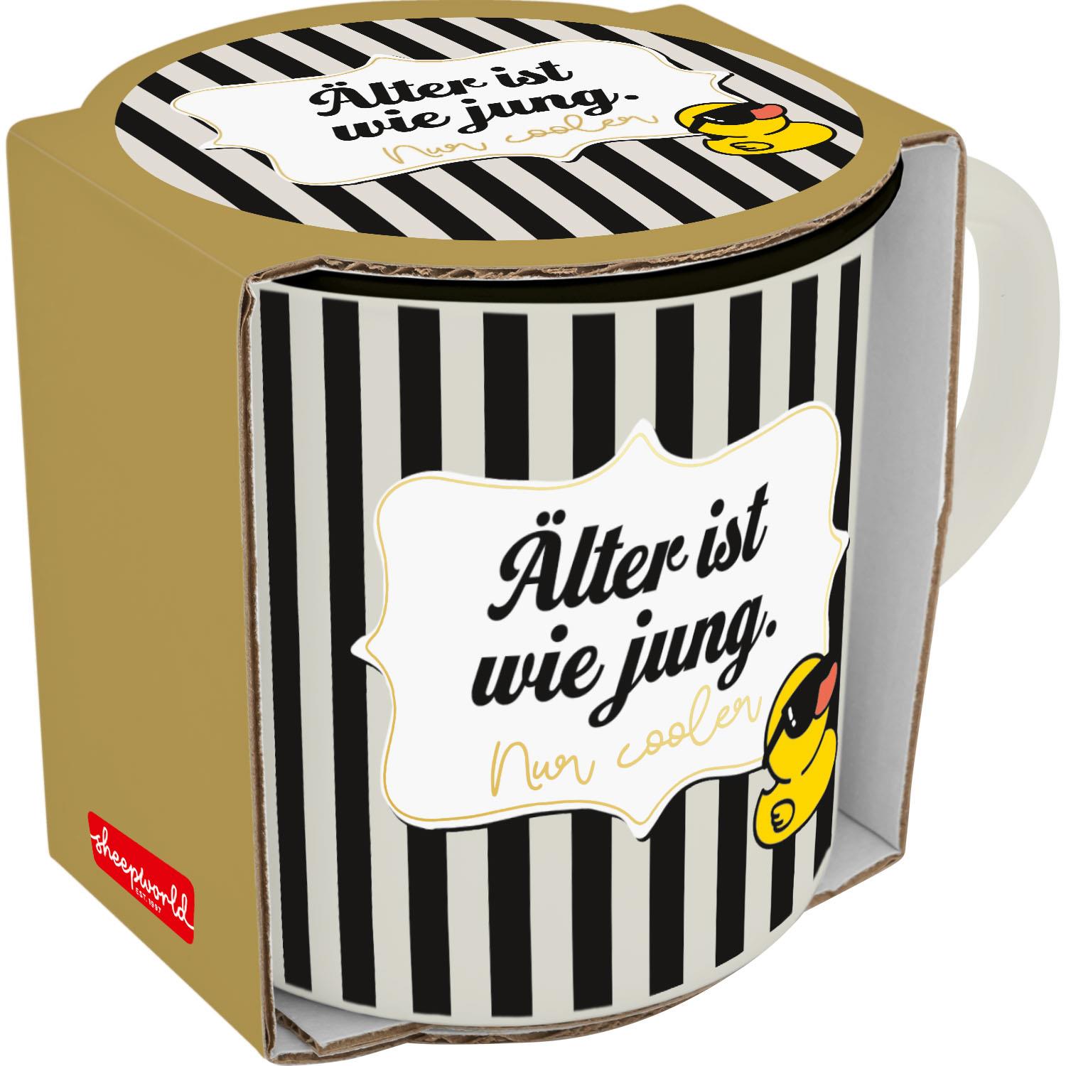 XL Porzellan-Becher mit Schwarz-Weiß-Streifen, Spruch und Ente.