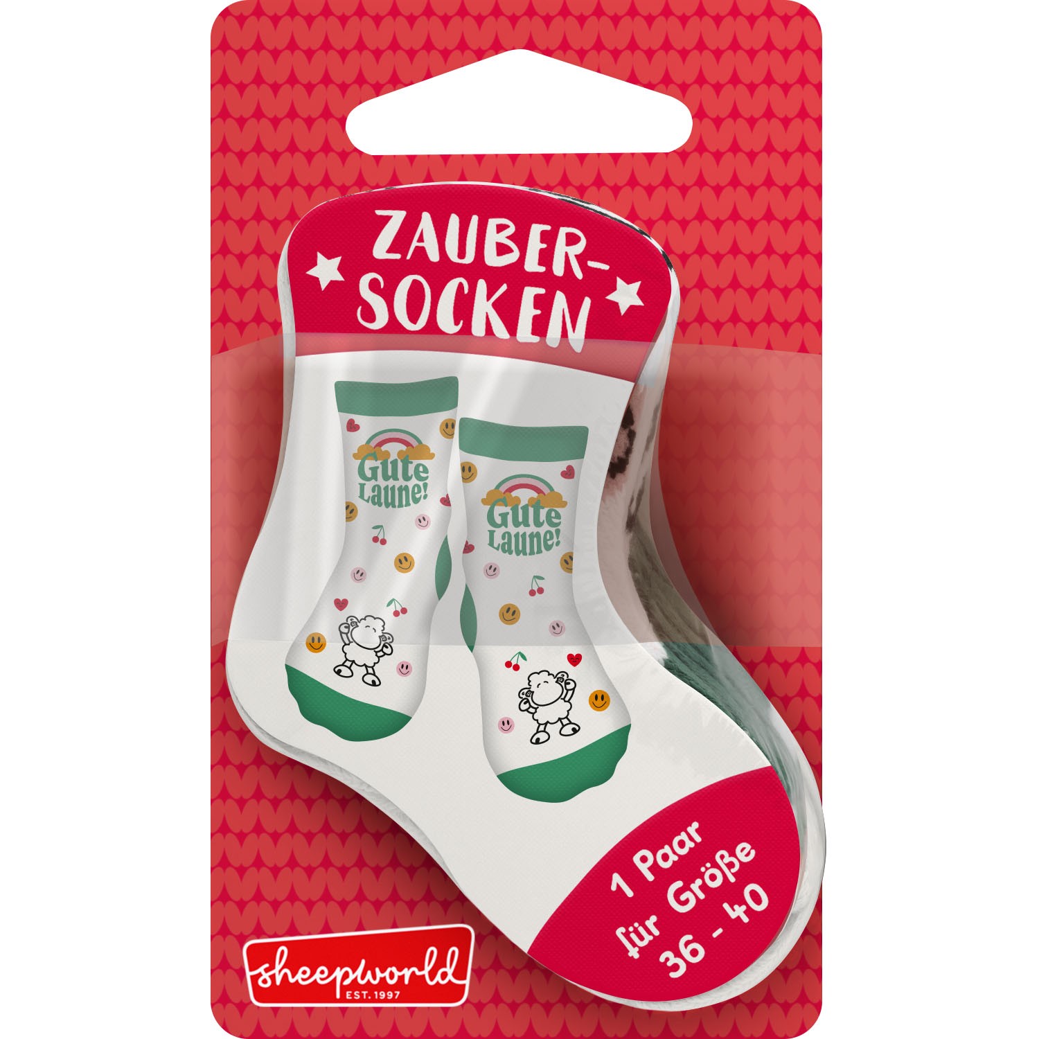 Weißes Paar Zaubersocken »Gute Laune!« mit grünem Bündchen auf roter Verpackung.