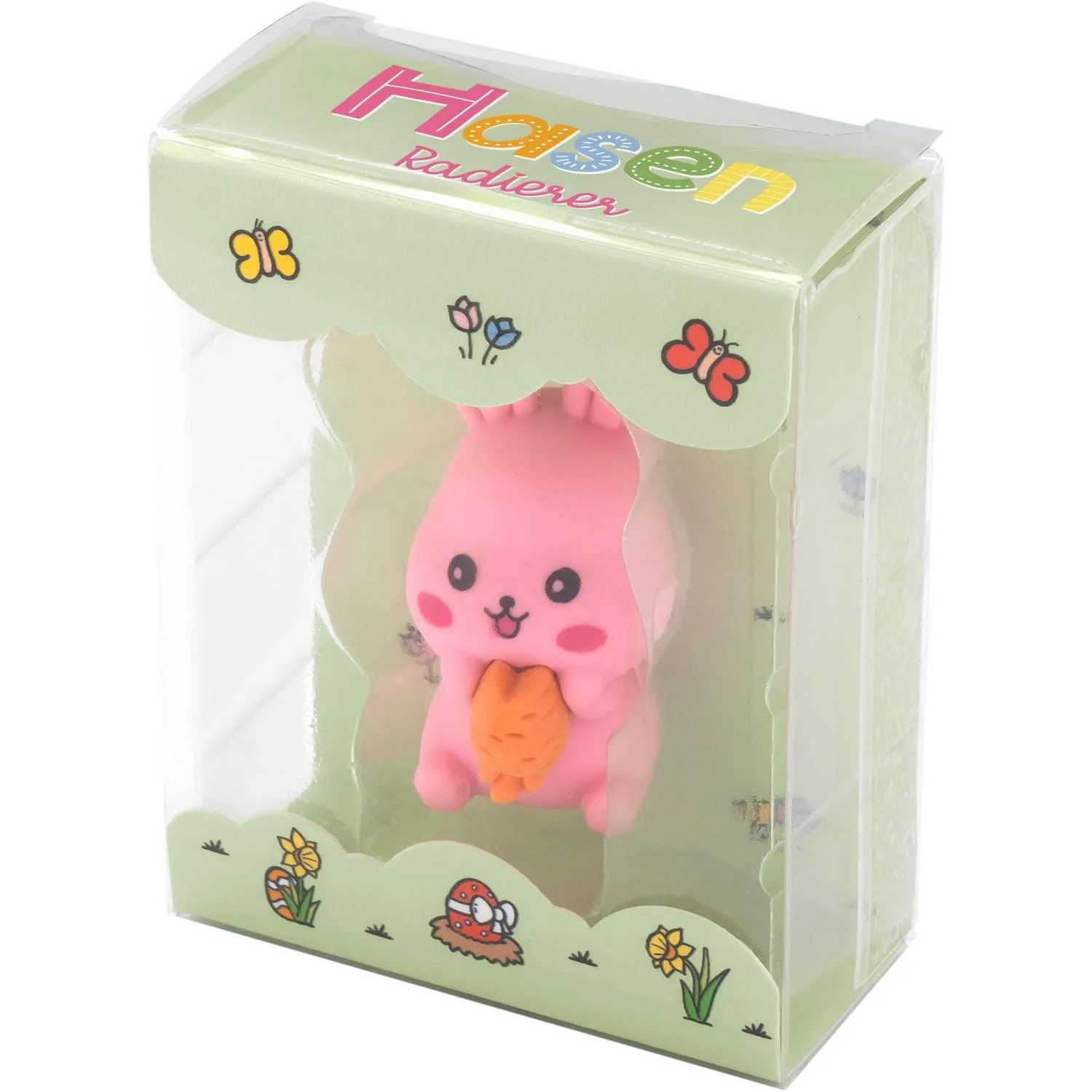 Rosa Hase Radiergummi in pastellgrüner Box – süßes Hasen-Design für Schule und Büro.