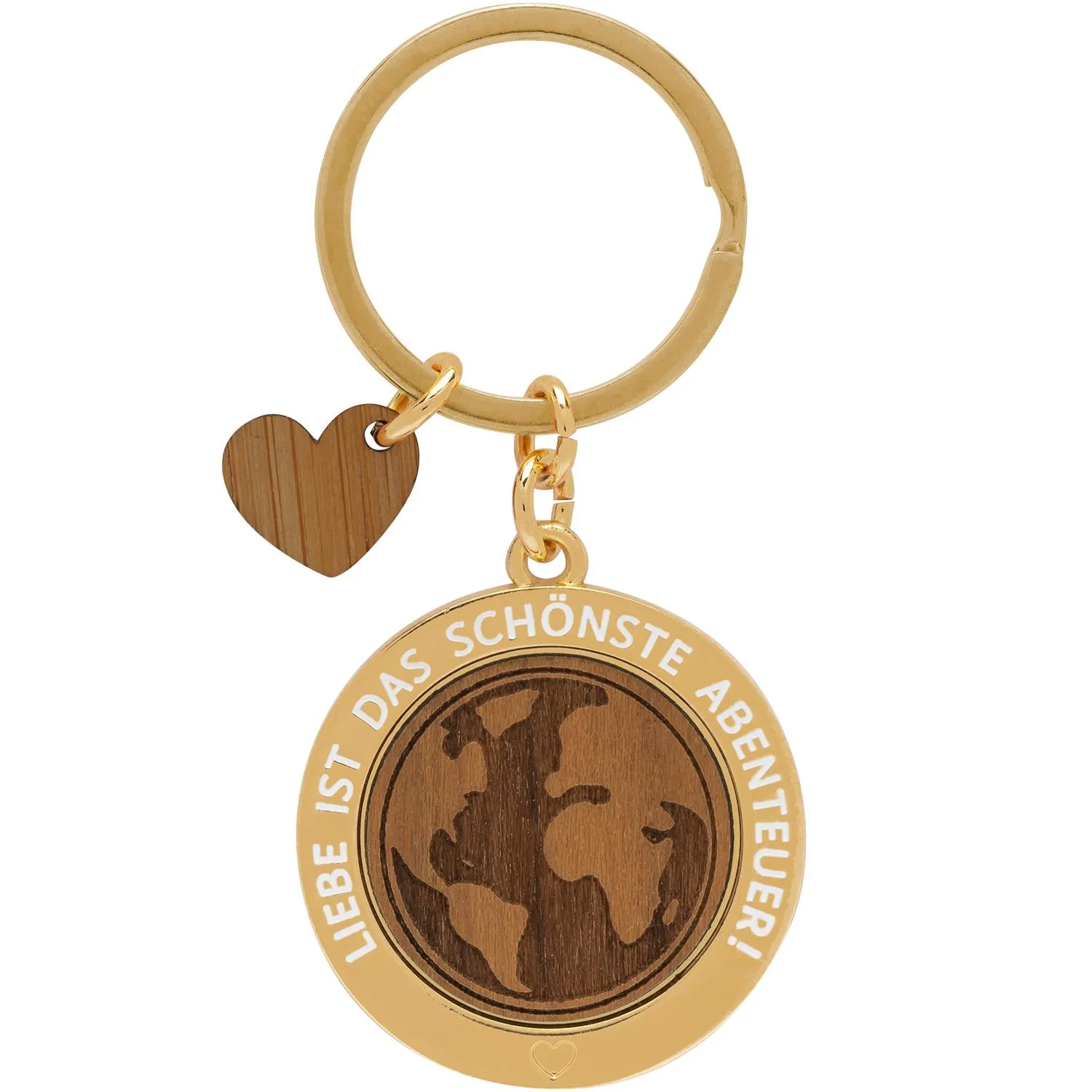 Goldener Schlüsselanhänger mit Weltkugel aus Holz und Herzanhänger