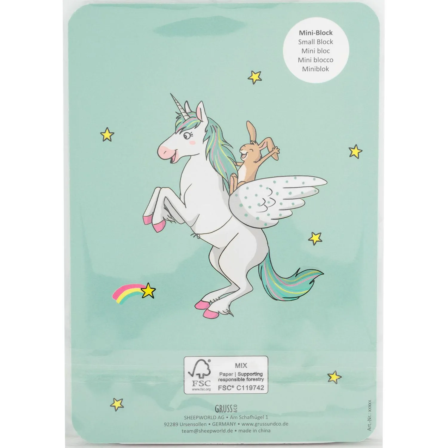 Mintgrüner Kritzelblock mit Einhorn-Motiv, kompakt, 7,5 x 9,7 cm.
