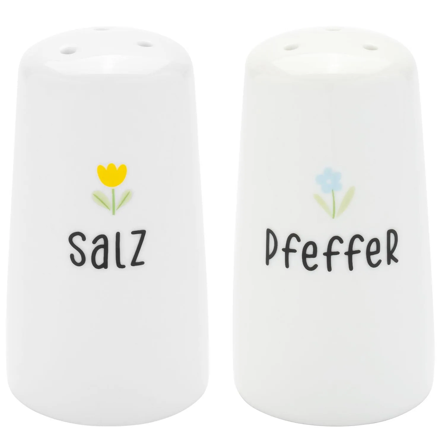 Weißes Porzellan-Salz- und Pfefferstreuer-Set mit Blumenmotiven und Schriftzug Salz/Pfeffer.