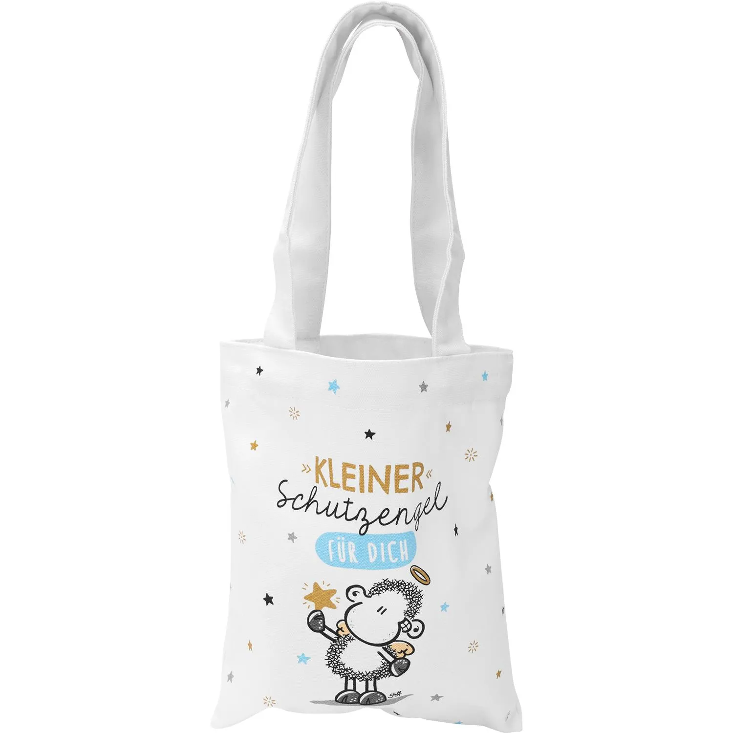 Weiße Baumwolltasche mit goldenem Schriftzug 'Kleiner Schutzengel für Dich' und Schäfchen-Motiv