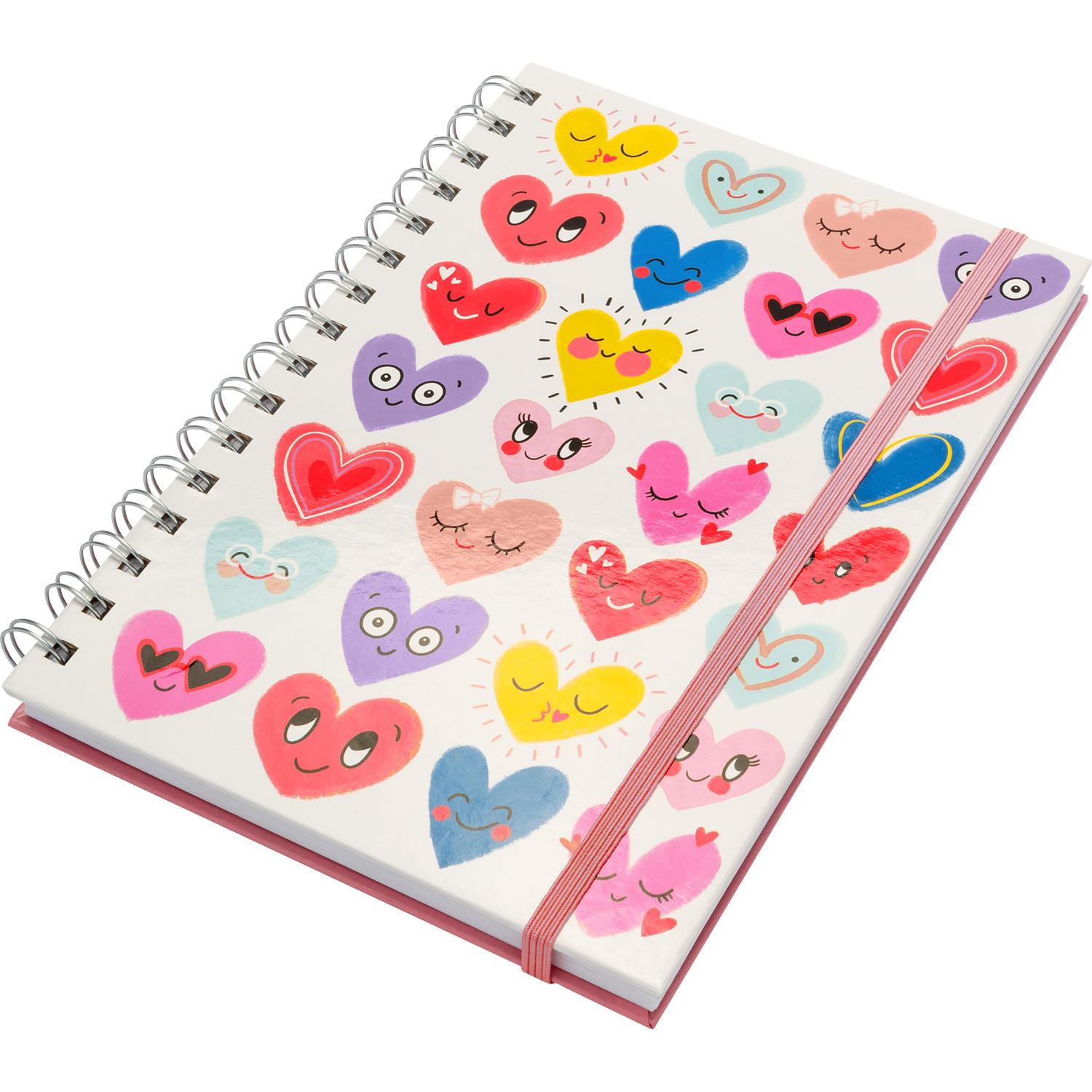 Notizbuch »Herzen« mit bunten Herzmotiven, Spiralbindung und Gummizug