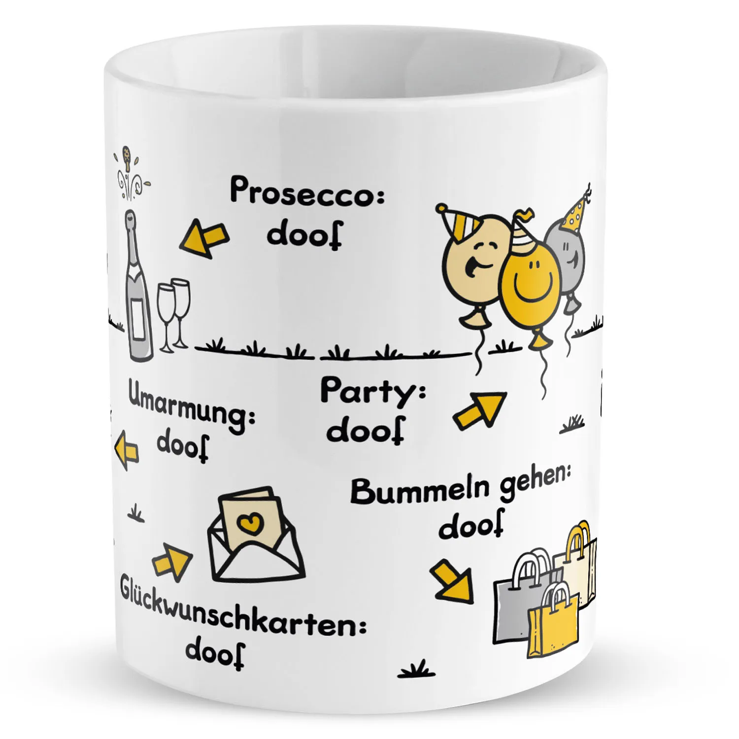 Weiße Porzellan-Tasse mit schwarzen Skizzen von Ballons, Umschlägen und Einkaufstaschen – Prosecco: doof.