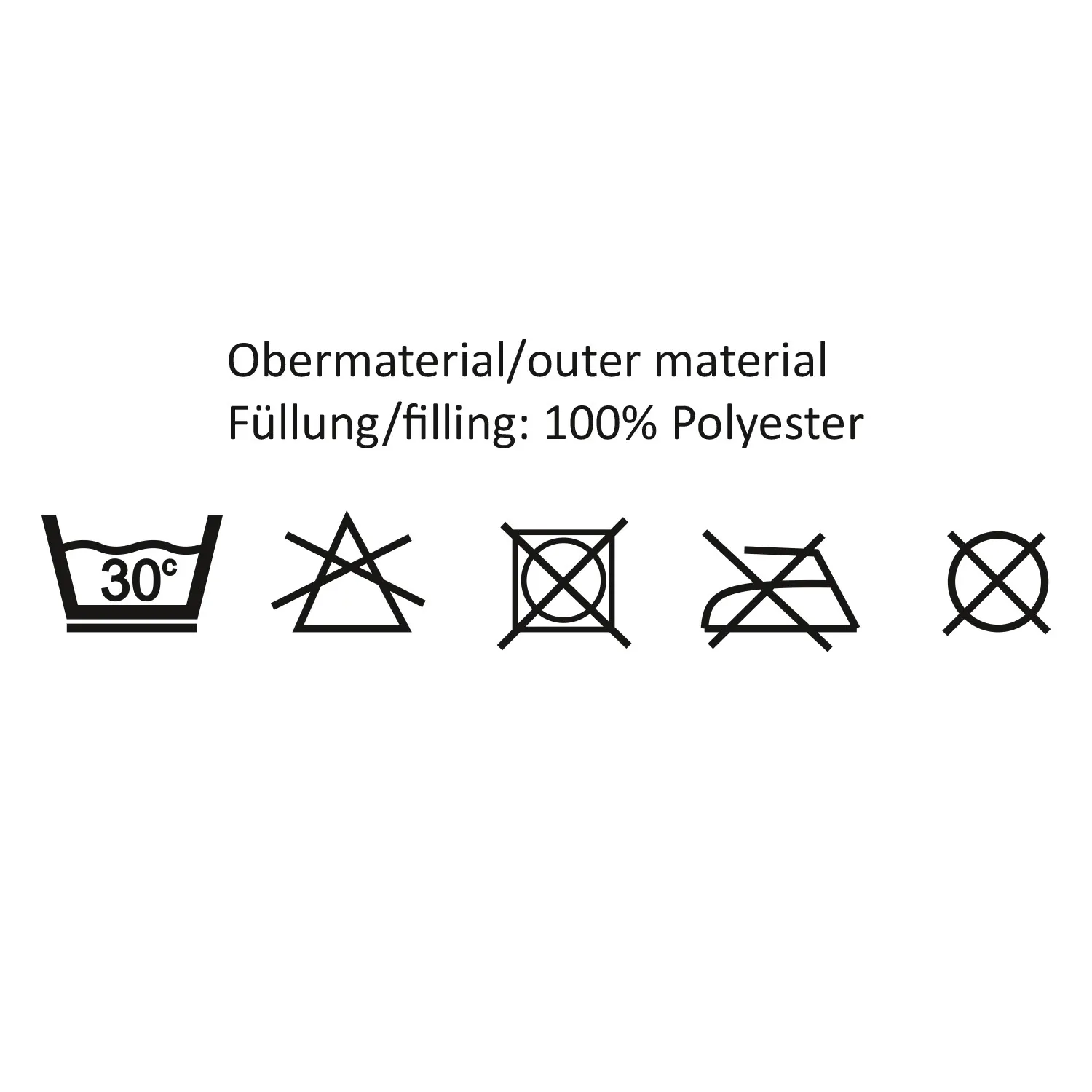 Pflegeetikett-Symbole auf weißem Hintergrund; Text 'Obermaterial/Füllung: 100% Polyester'.