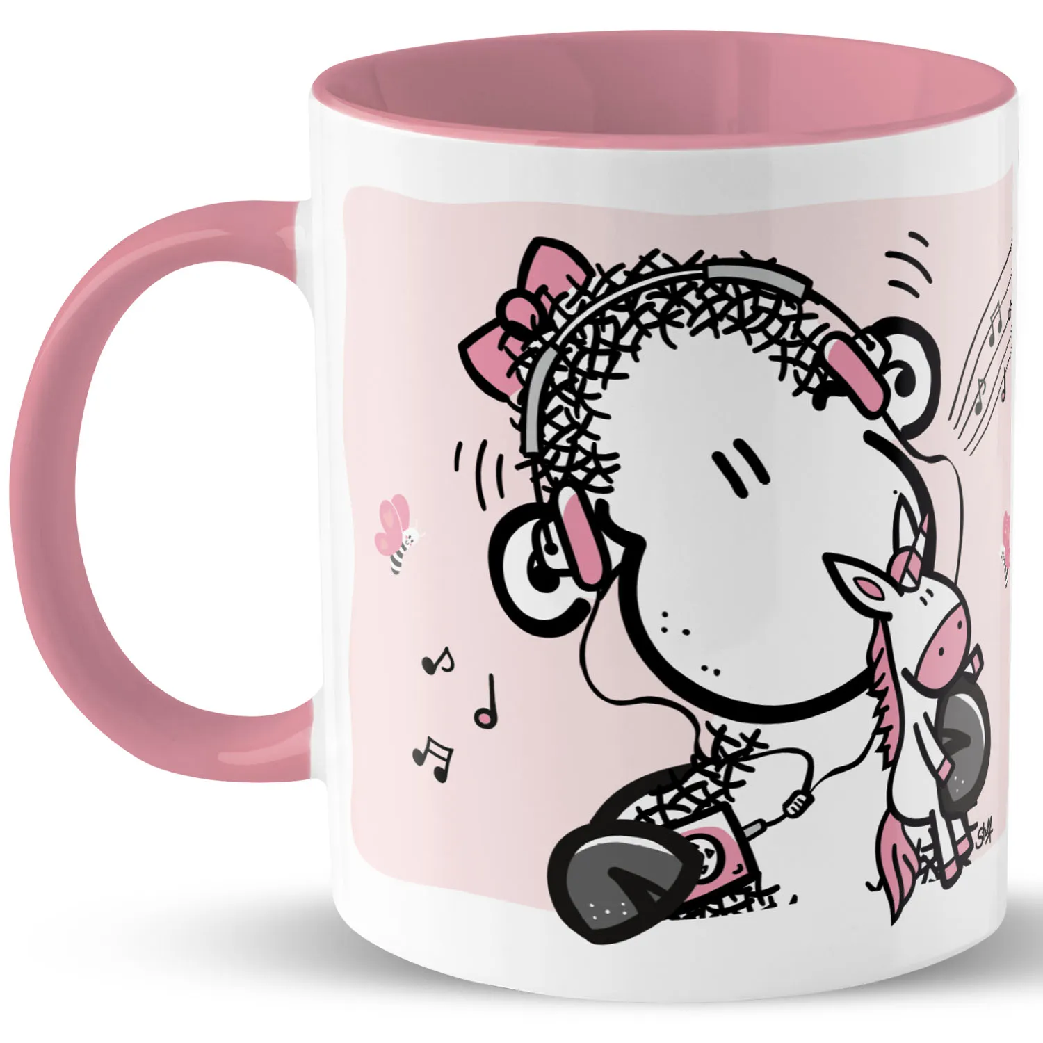 Personalisierte Porzellantasse für Mädchen mit Schäfchen-Motiv und Namenswunsch, rosa Innenfarbe