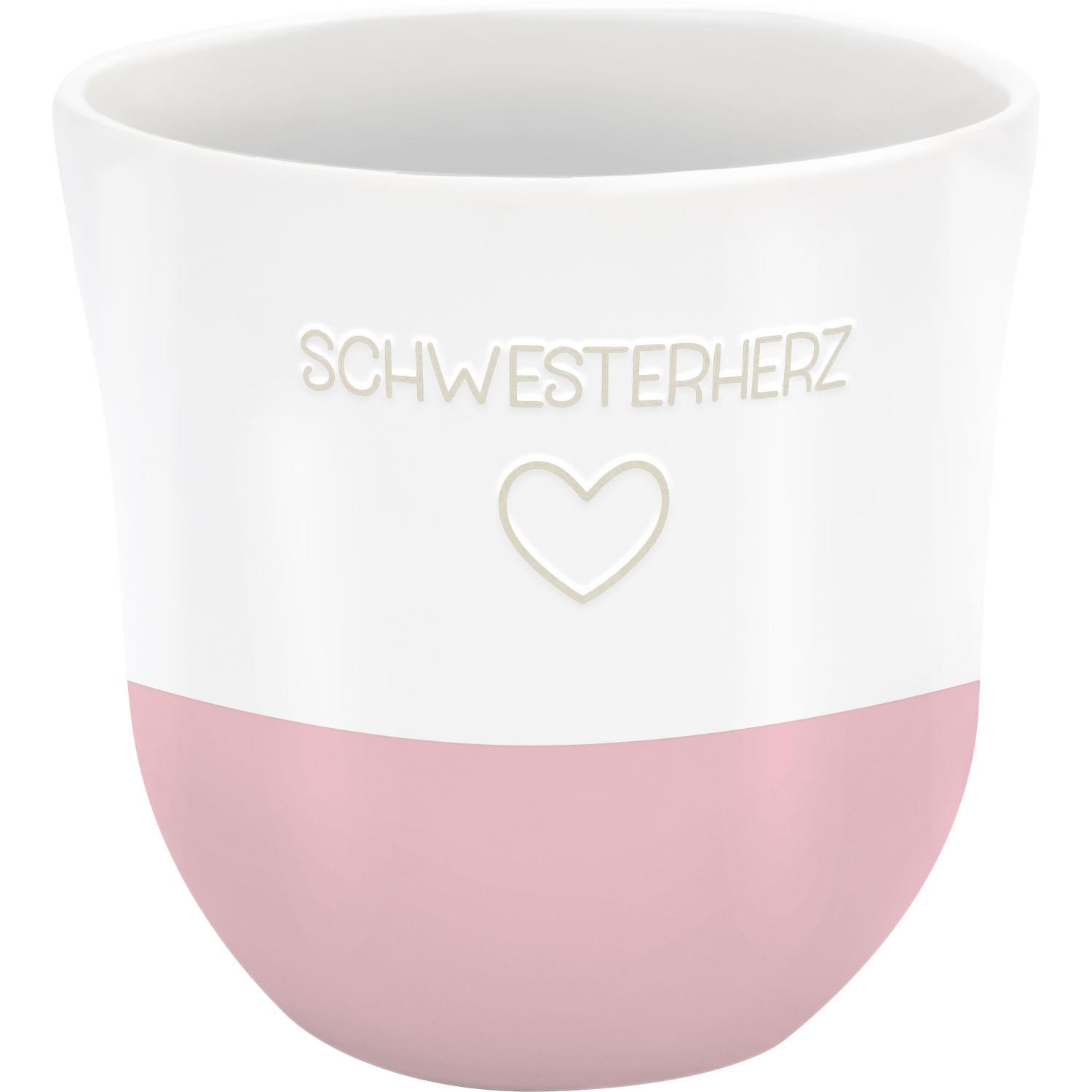 Weiße Steinzeug-Tasse mit rosa Boden und SCHWESTERHERZ-Schriftzug