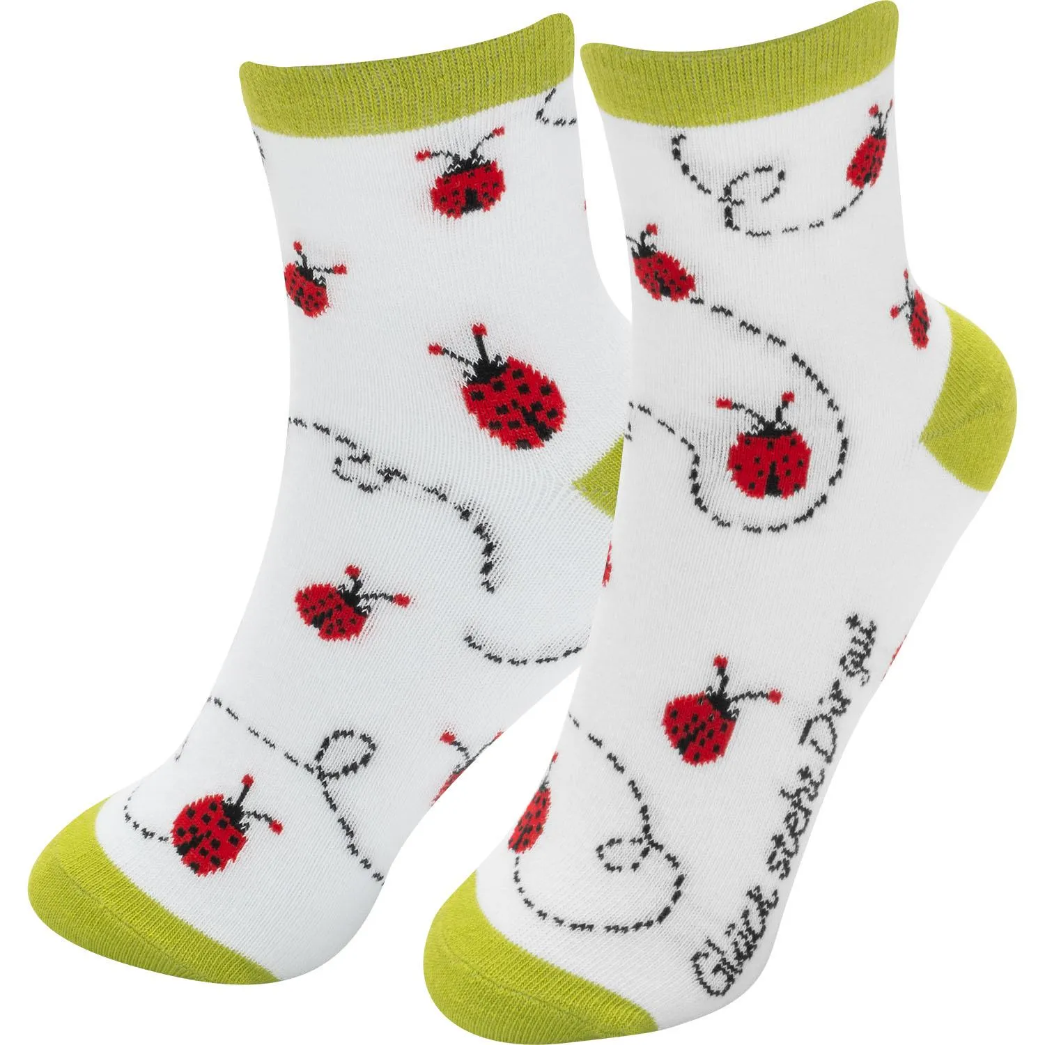 Weiße Socken mit roten Marienkäfern und limettenfarbenen Bündchen.