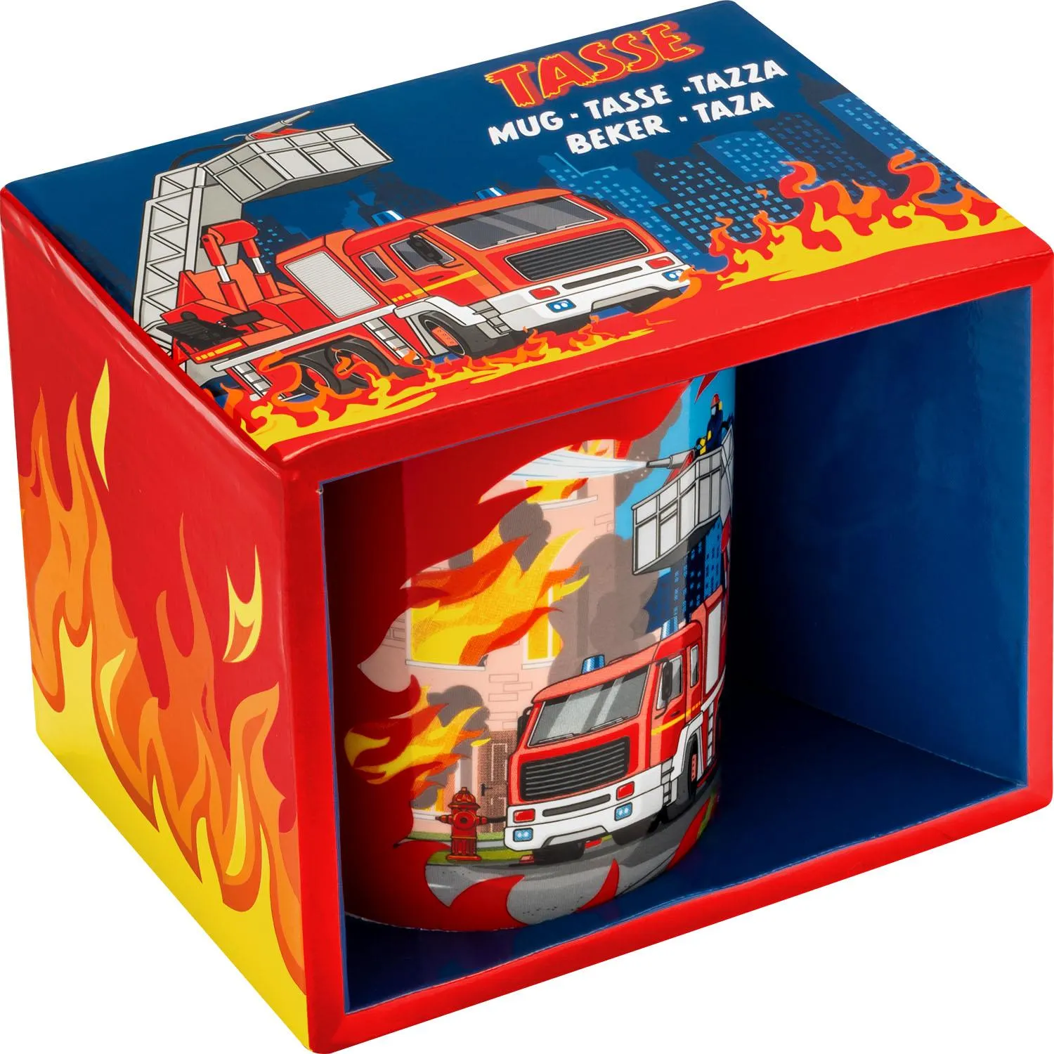 Rote Porzellantasse mit Feuerwehr-Motiv und Flammen – perfekt für den Schulbeginn.