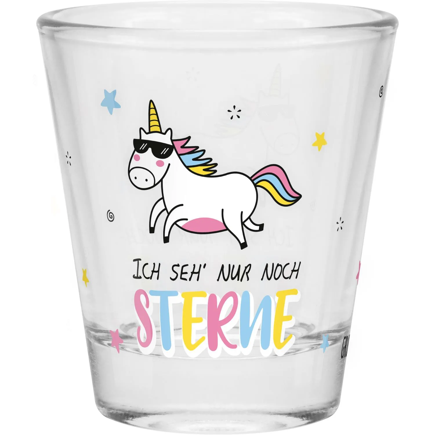 Schnapsglas mit buntem Einhorn-Motiv und Spruch Sterne
