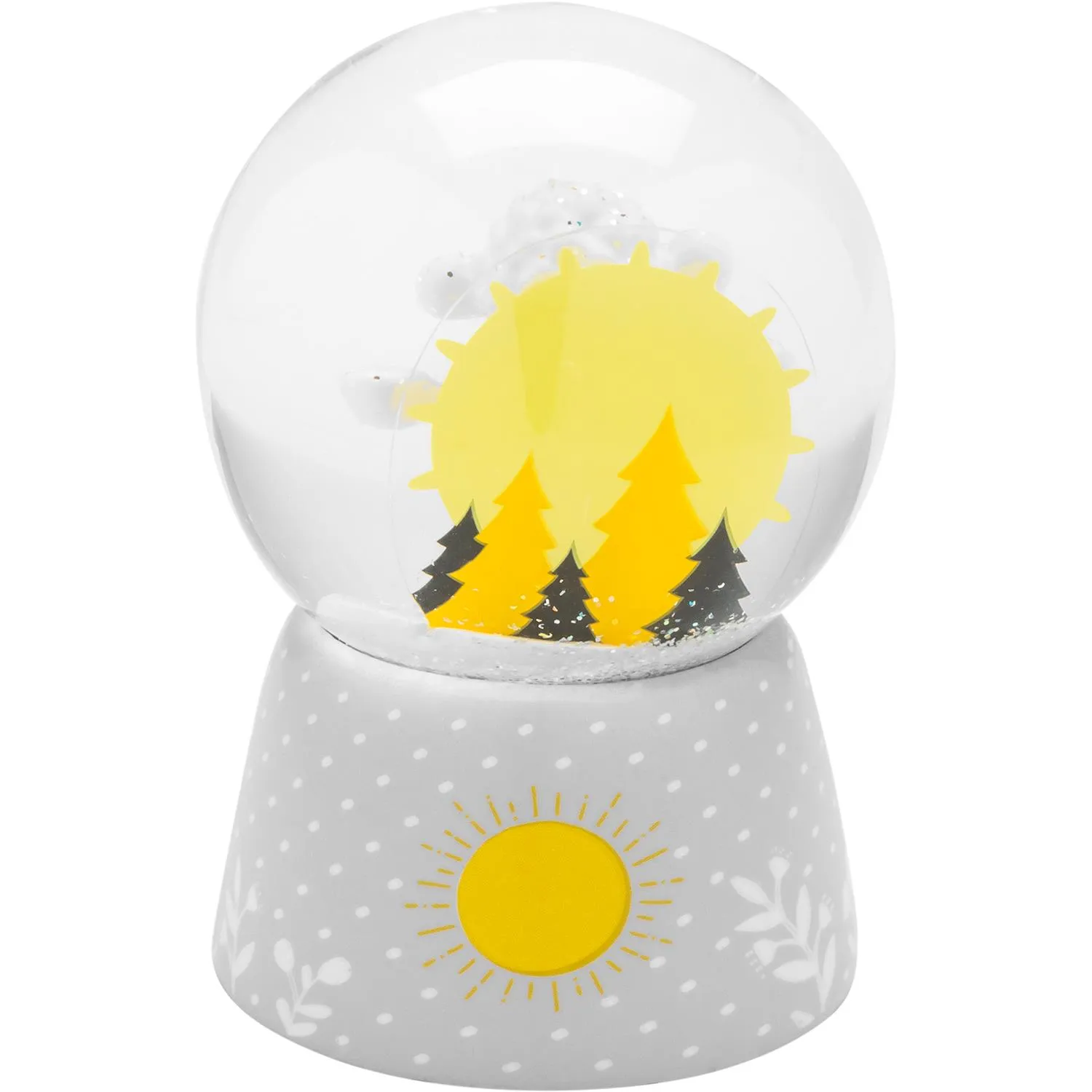 Schneekugel mit Sonne und Waldmotiv auf grauem Sockel
