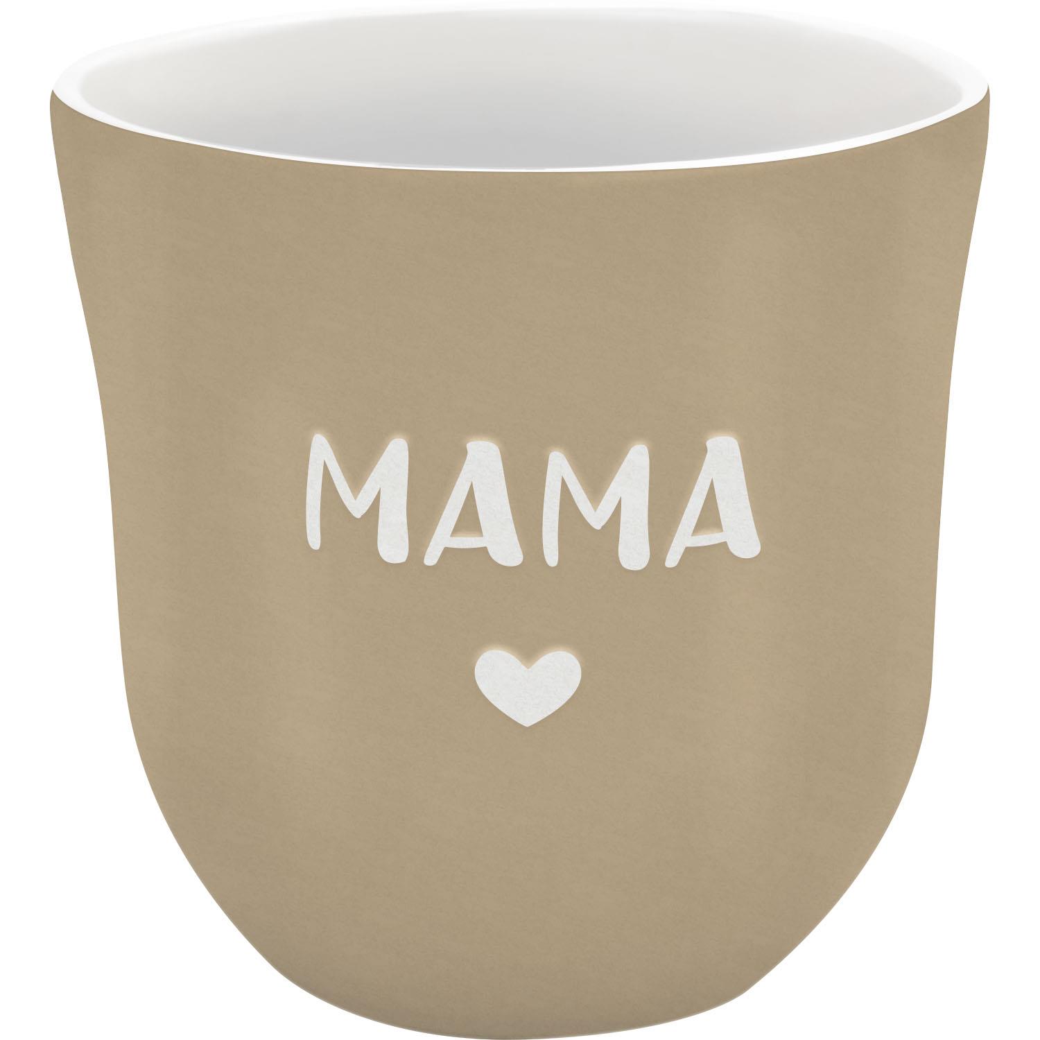 Beiger Steinzeug-Lieblingsbecher mit weißem MAMA-Schriftzug und Herz.