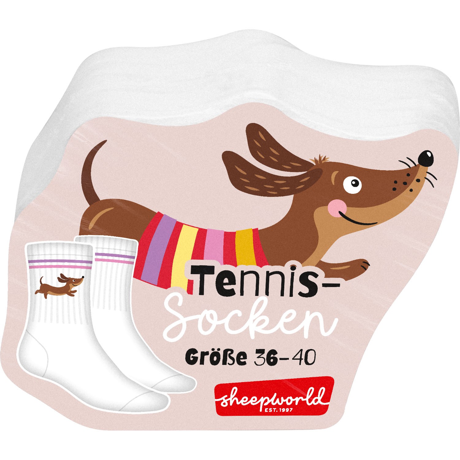 Tennis-Zaubersocken mit Dackel-Motiv auf rosa Verpackung, Größe 36–40