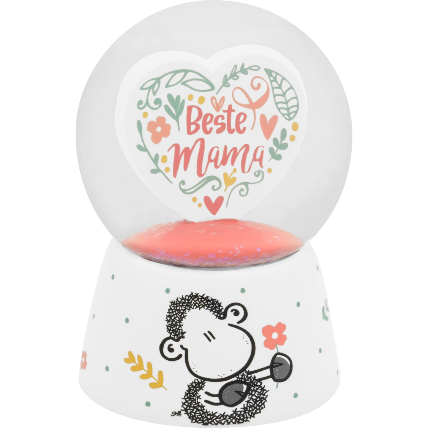 Schneekugel mit Herz-Motiv »Beste Mama«, rosa Glitzer, weiße Basis mit Affen-Illustration