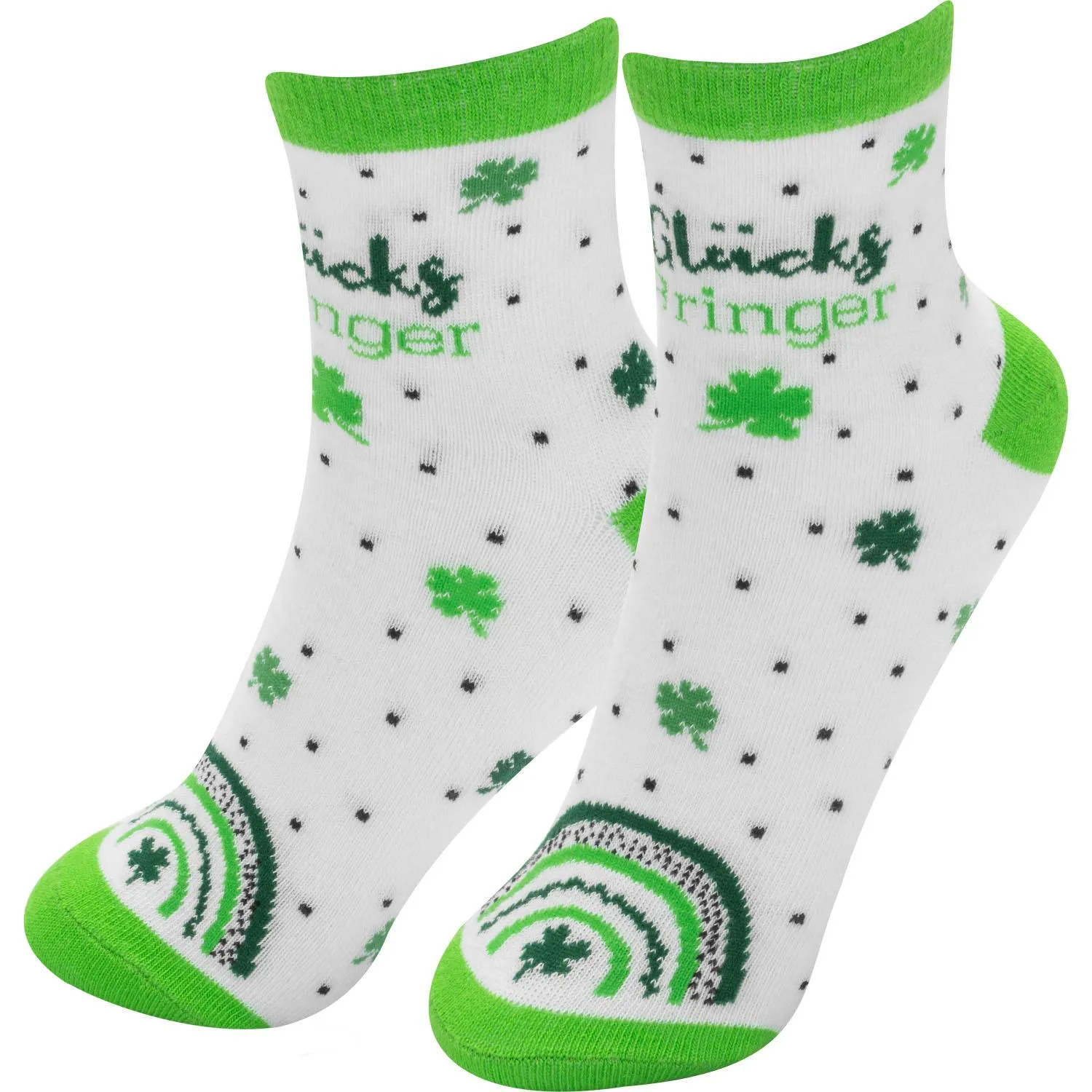 Weiße Socken mit grünem Kleeblattmuster und grünem Rand