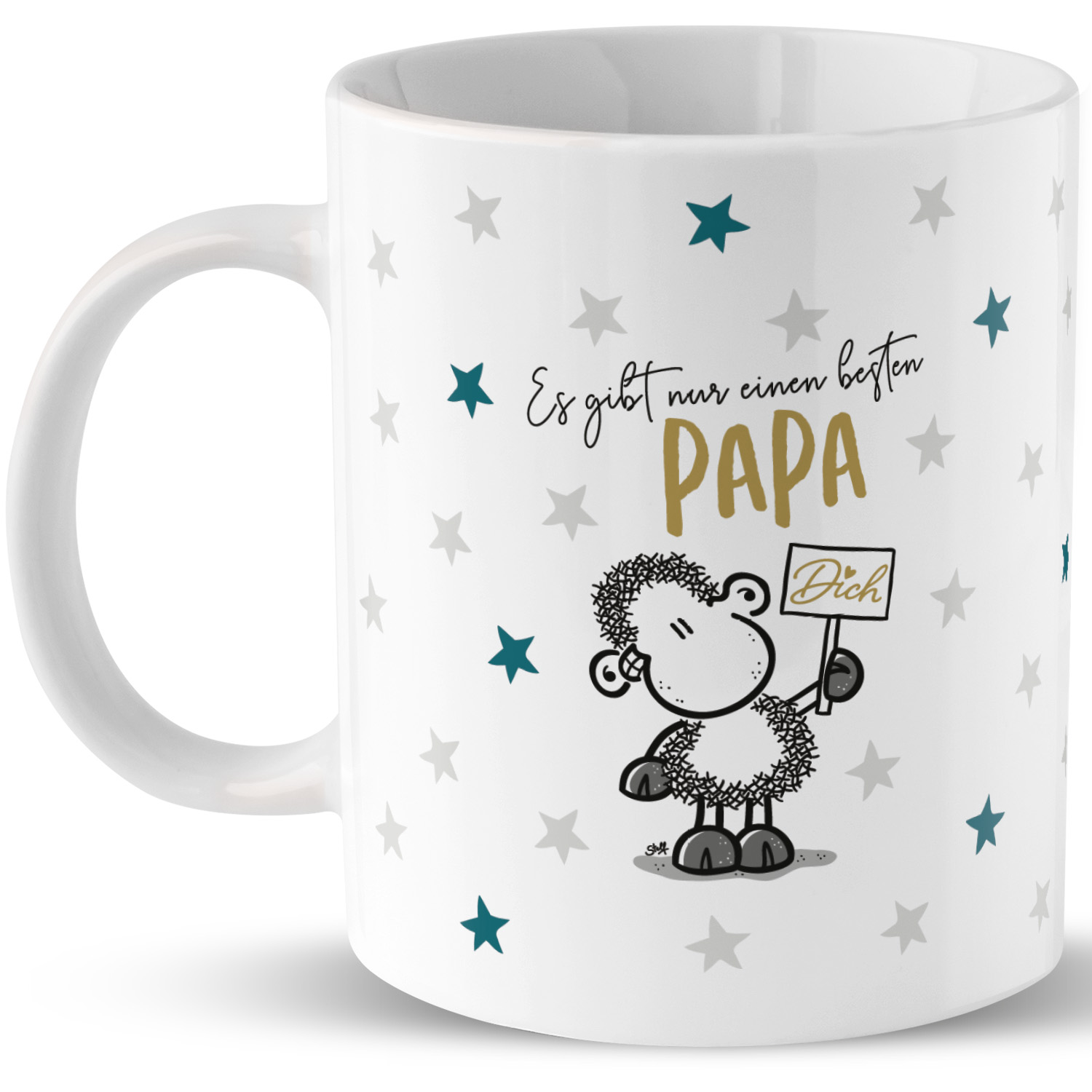 Weiße Keramik-Tasse mit Schaf-Motiv, goldener PAPA-Schrift und Sternchenmuster