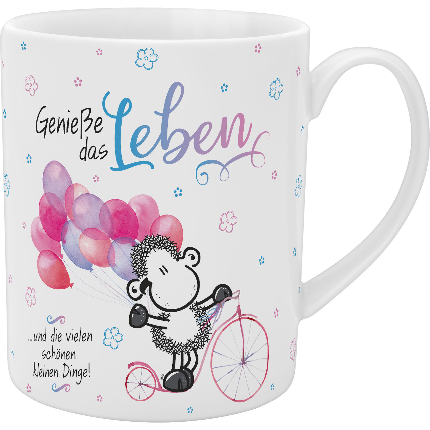 XL-Tasse Porzellan mit Schäfchen, Ballons und Schriftzug Genieße das Leben