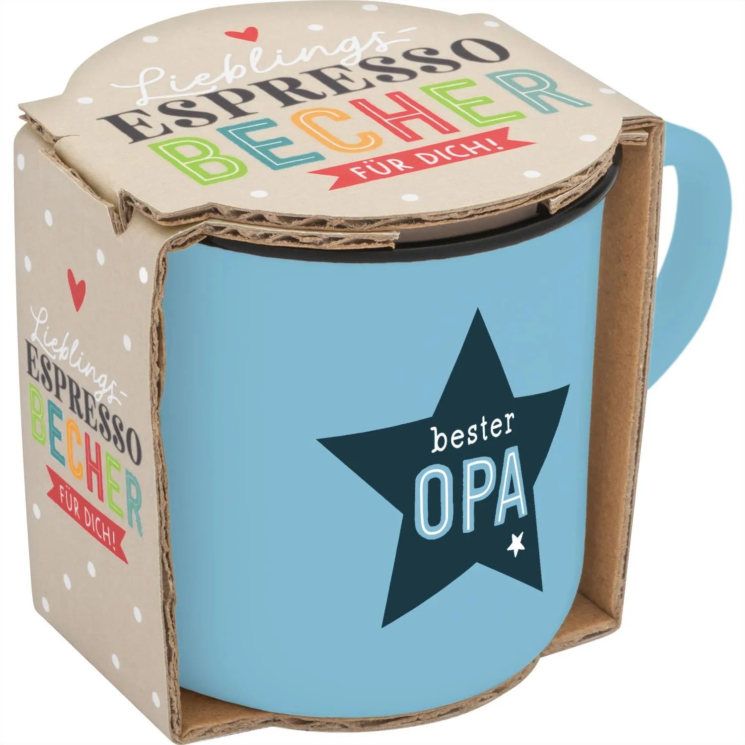 Hellblauer Porzellan-Espressobecher mit dunkelblauem Stern und OPA-Schriftzug