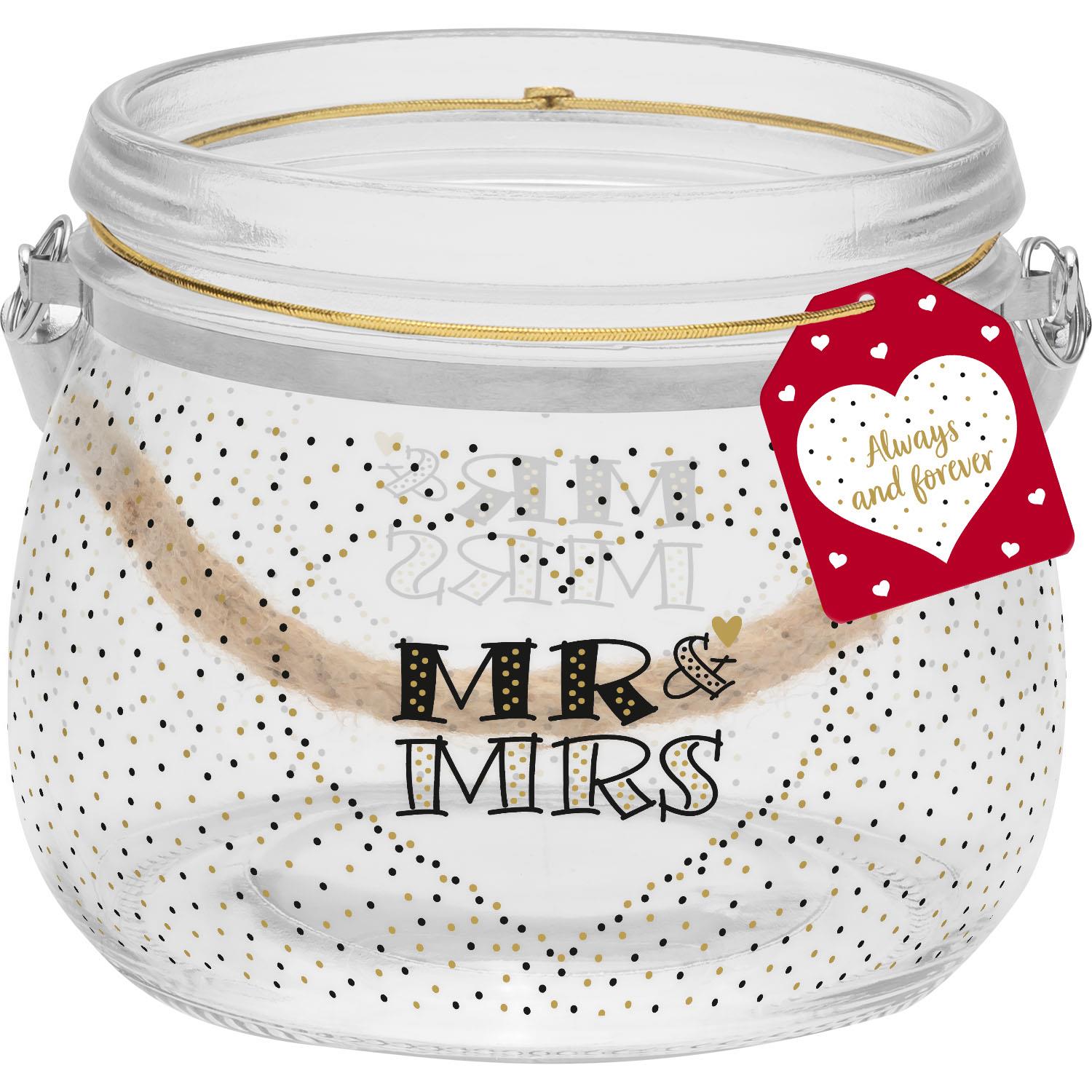 Windlicht aus Glas mit 'Mr & Mrs'-Schrift, Golddekor, rotem Anhänger.