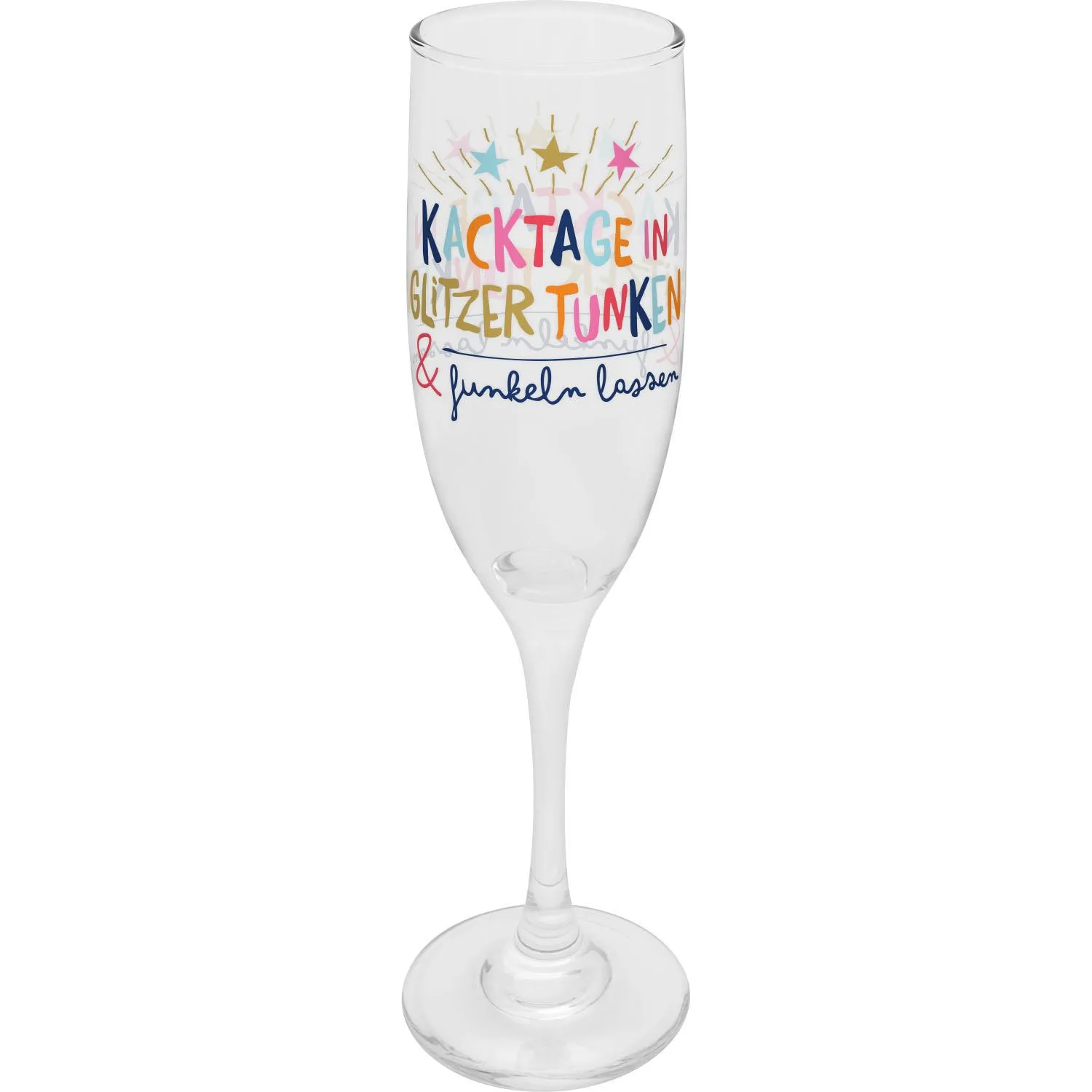 Sektglas mit buntem Spruch 'Kacktage' und Glitzer-Druck auf klarem Glas.