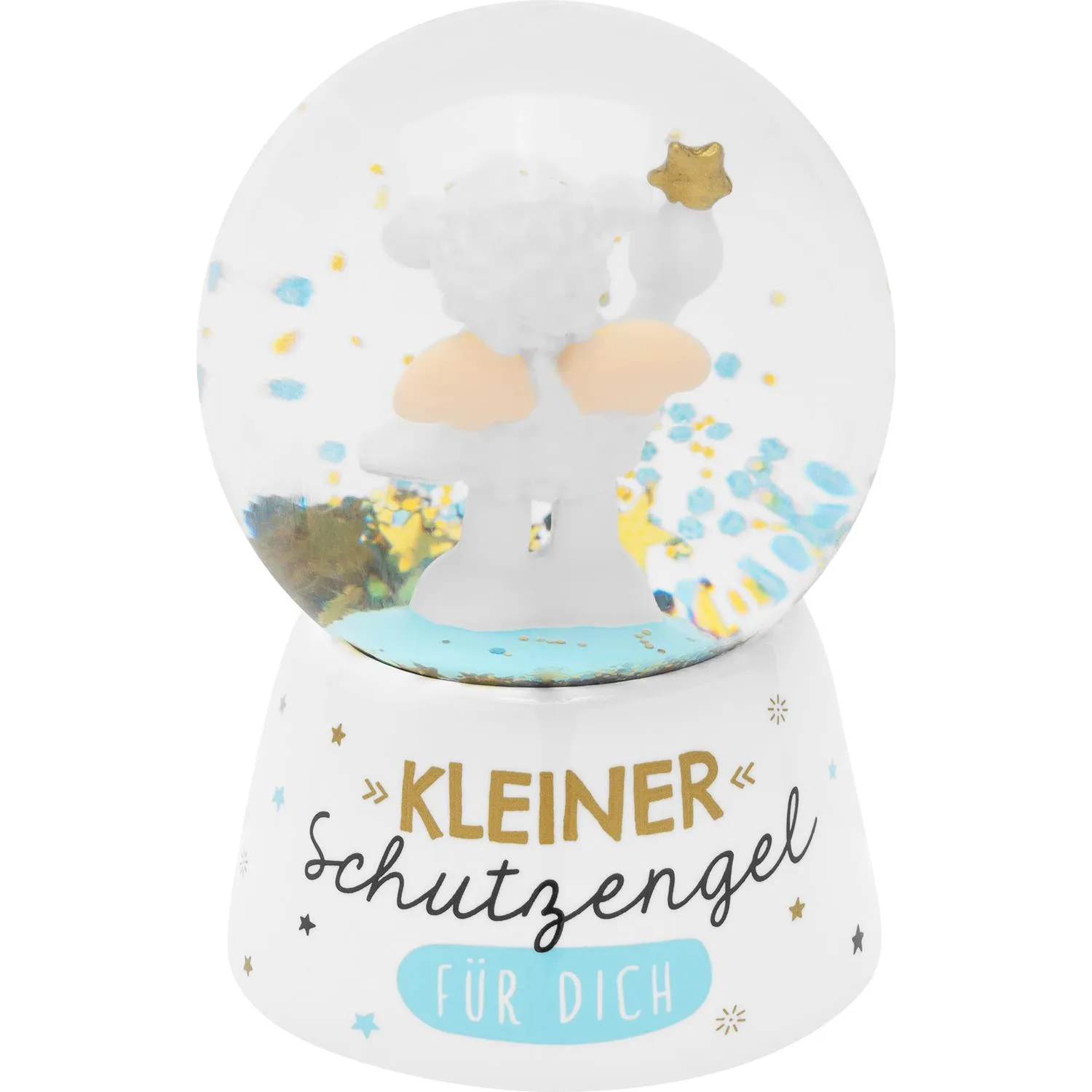 Schneekugel »Kleiner Schutzengel für Dich« mit weißem Schäfchen und blau-glitzerndem Hintergrund.