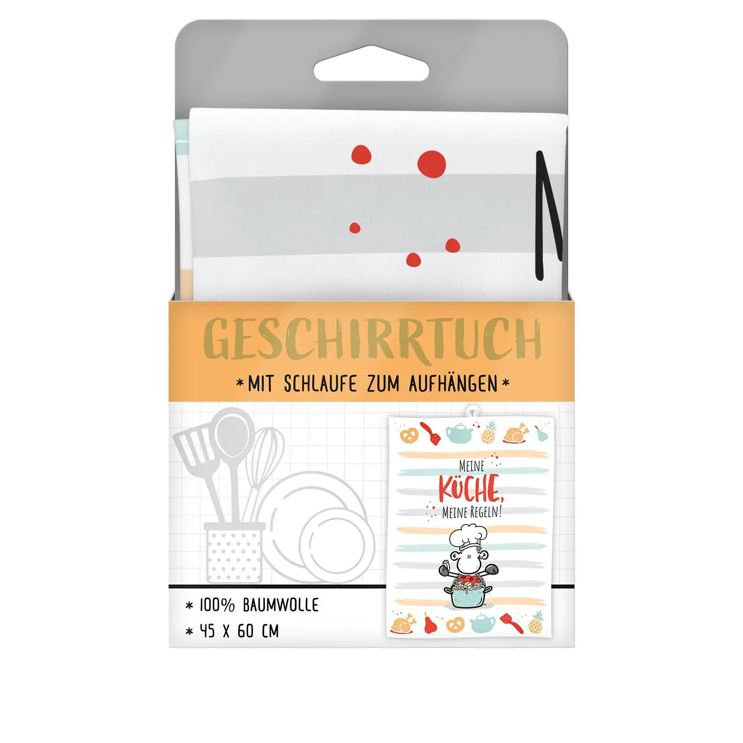 Weißes Geschirrtuch mit grauen Streifen und roten Punkten, 100% Baumwolle.