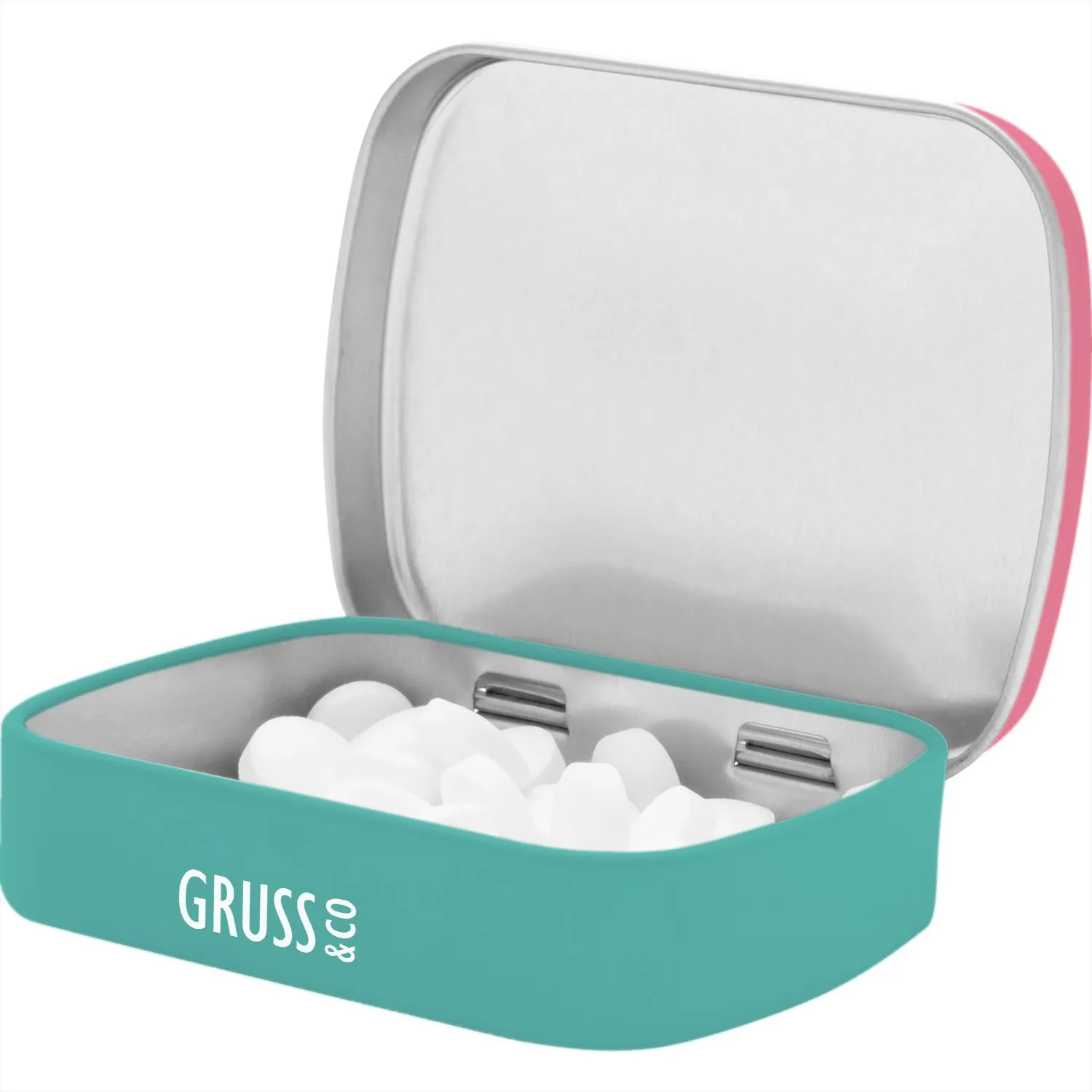 Mintdose »Pille Palle« aus Metall in Türkis mit weißen Pastillen im geöffneten Deckel