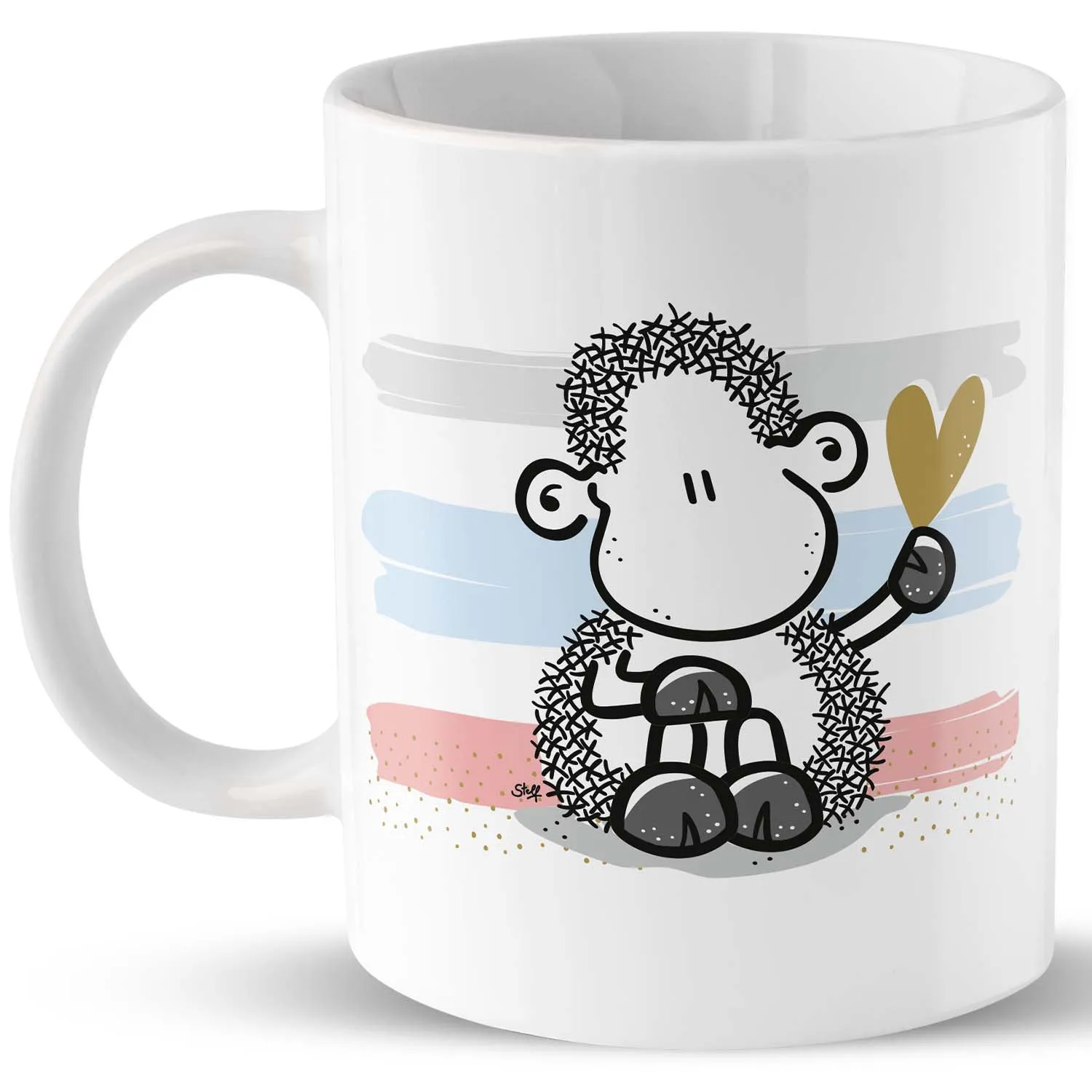 Weiße Porzellankaffeetasse mit Schäfchen-Motiv und pastellfarbigen Streifen