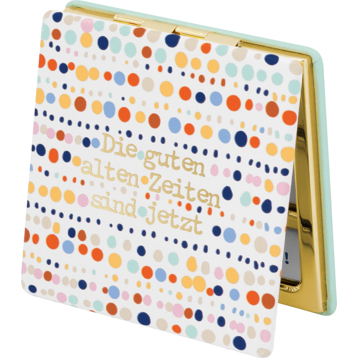 Taschenspiegel mit buntem Punktedruck und Goldschrift in Geschenkbox