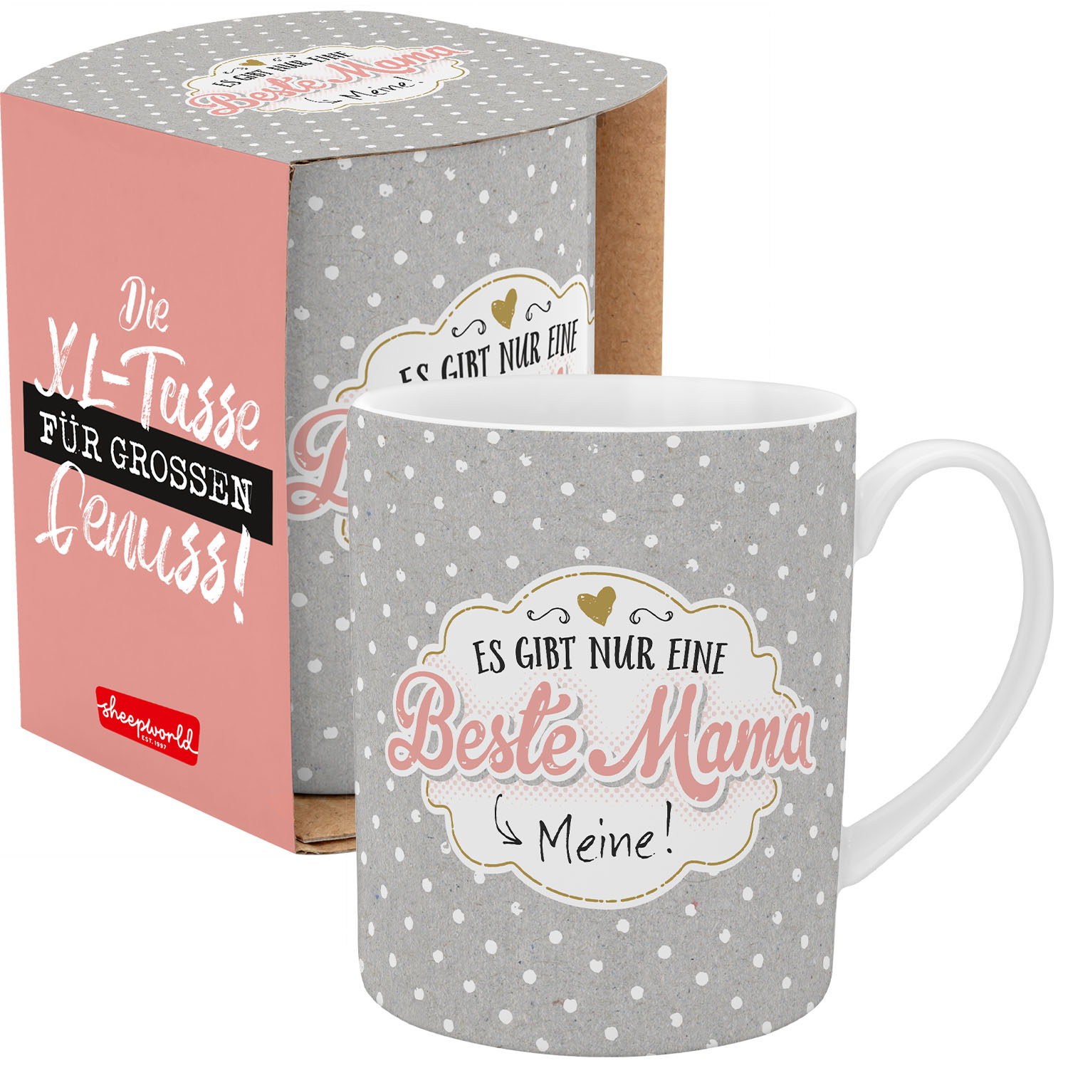 XL-Tasse mit grauem Punktemuster und dem Spruch 'Es gibt nur eine Beste Mama – Meine!'