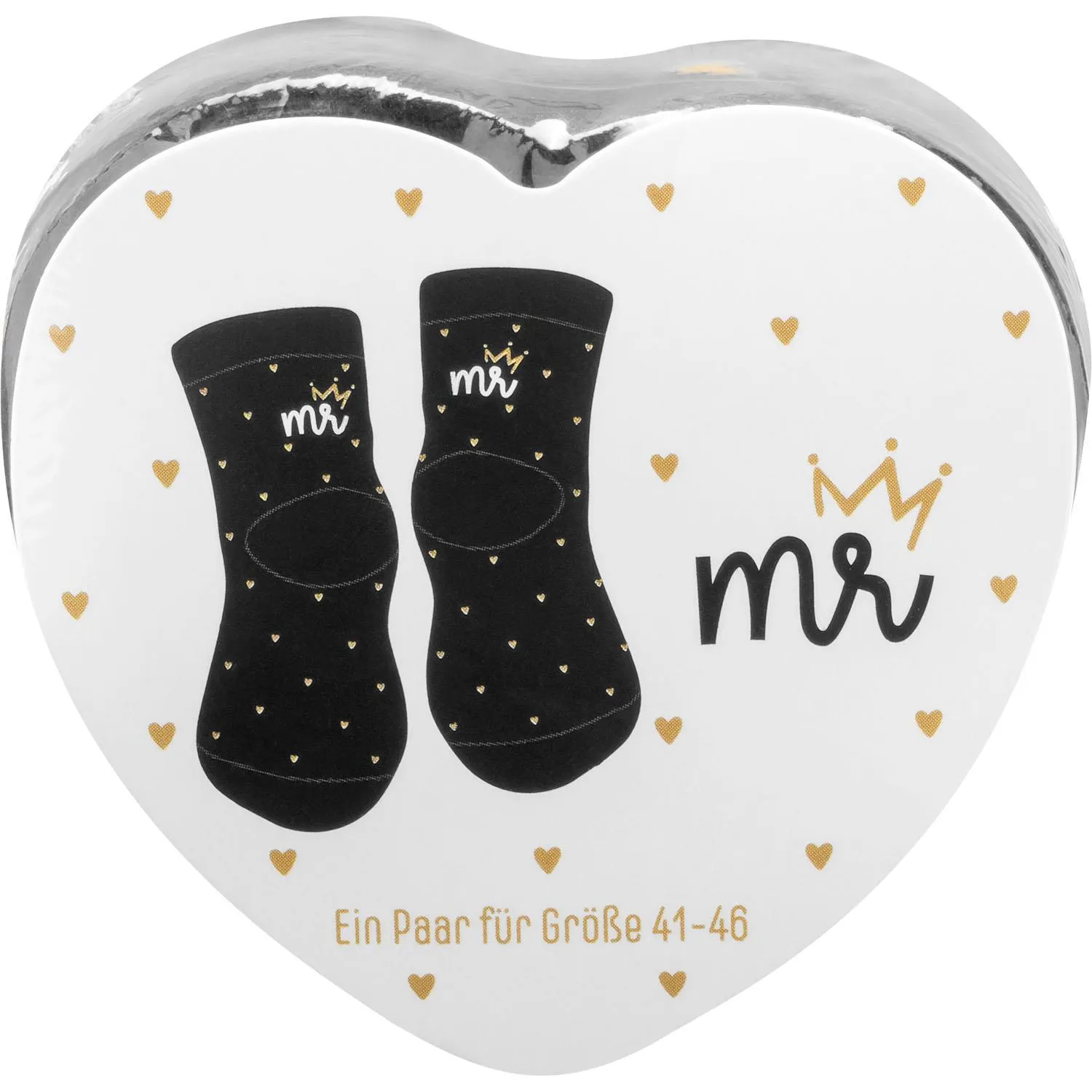 Schwarze Zaubersocken-Set Mr. & Mrs. mit Goldherzen, zwei Socken, Herzverpackung