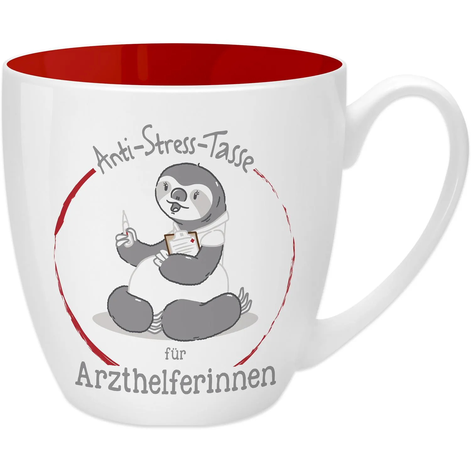 Weiße Keramik-Tasse mit rotem Innenraum, Cartoon-Arzthelferin-Motiv und Schriftzug Arzthelferinnen