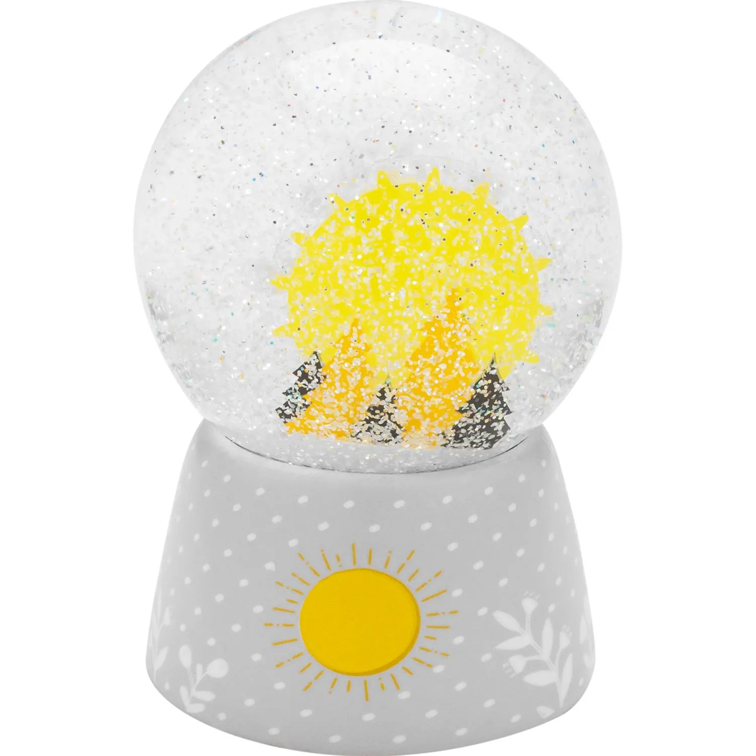 Schneekugel mit Sonne und Schaf-Silhouette auf grauem Sockel