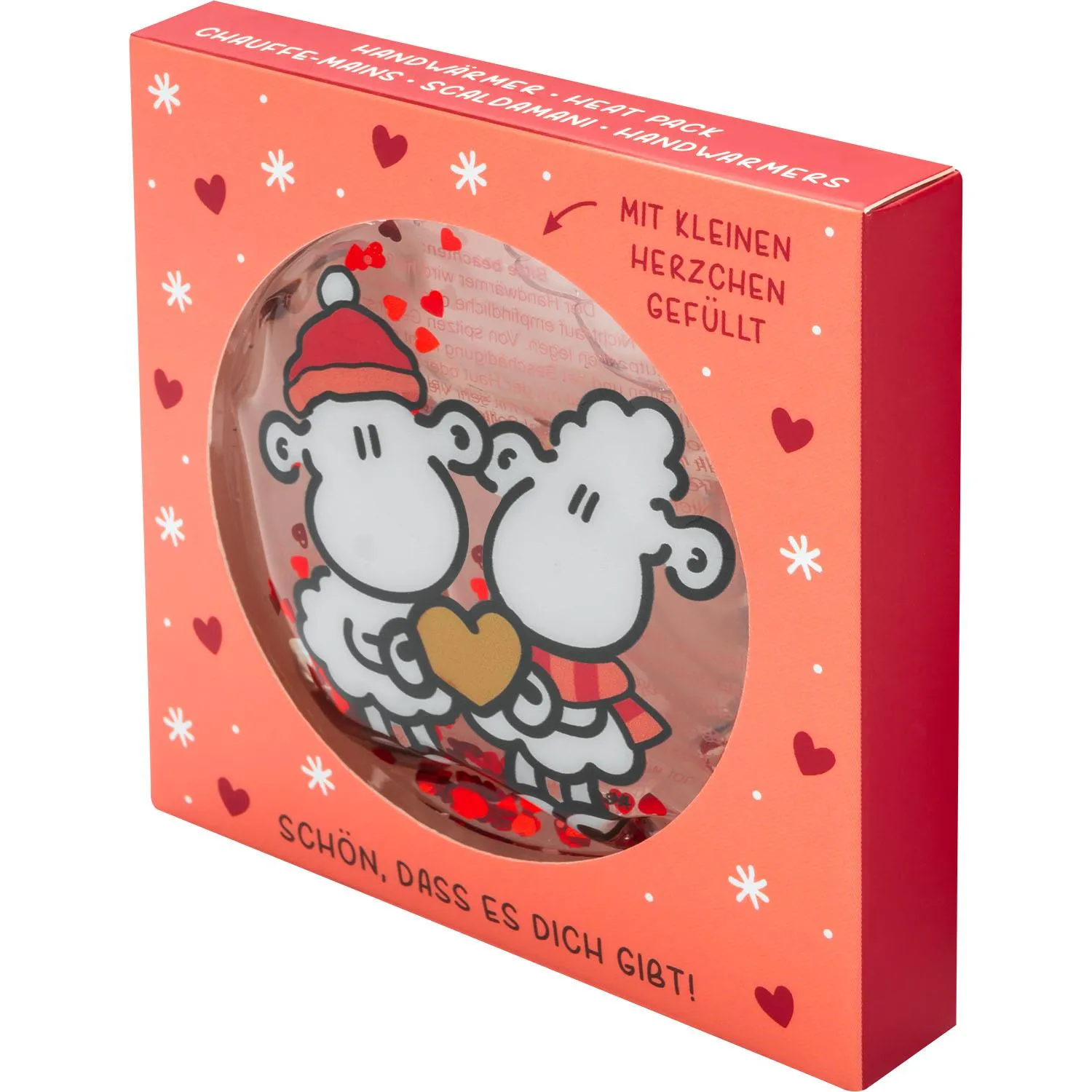 Handwärmer »Schön« in roter Geschenkbox mit Sichtfenster und zwei Schafen, Herzmotiv