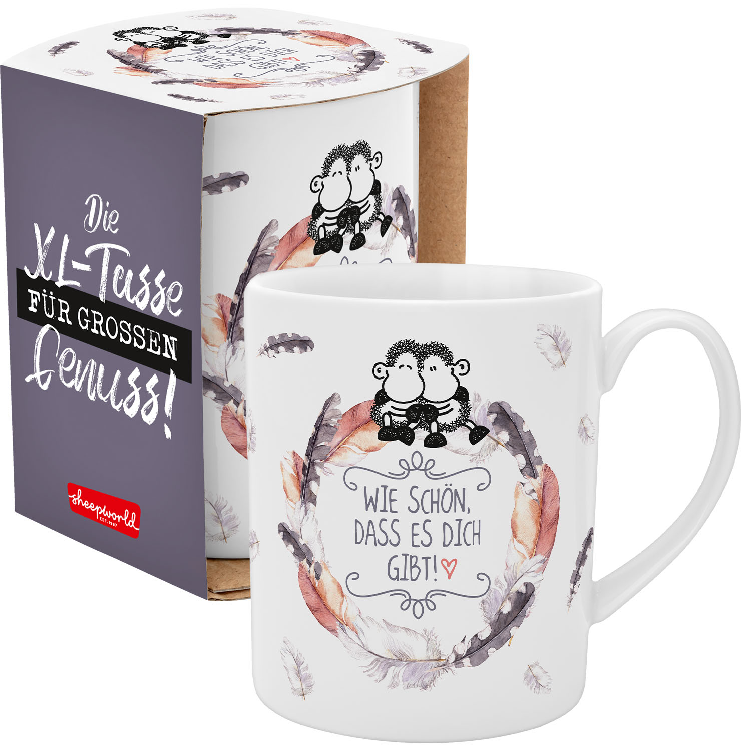 Weiße XL-Tasse mit zwei stilisierten Schäfchen im Kranz und Spruch 'Wie schön, dass es dich gibt!'