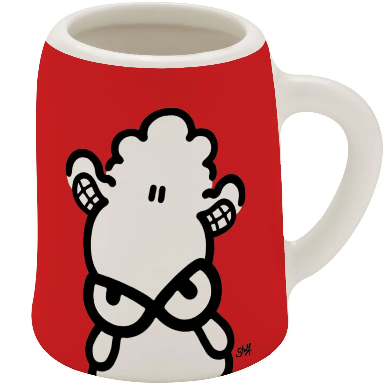 Schnapskrug aus Porzellan mit rotem Hintergrund und lächelndem Schaf-Motiv – witziges Geschenk.