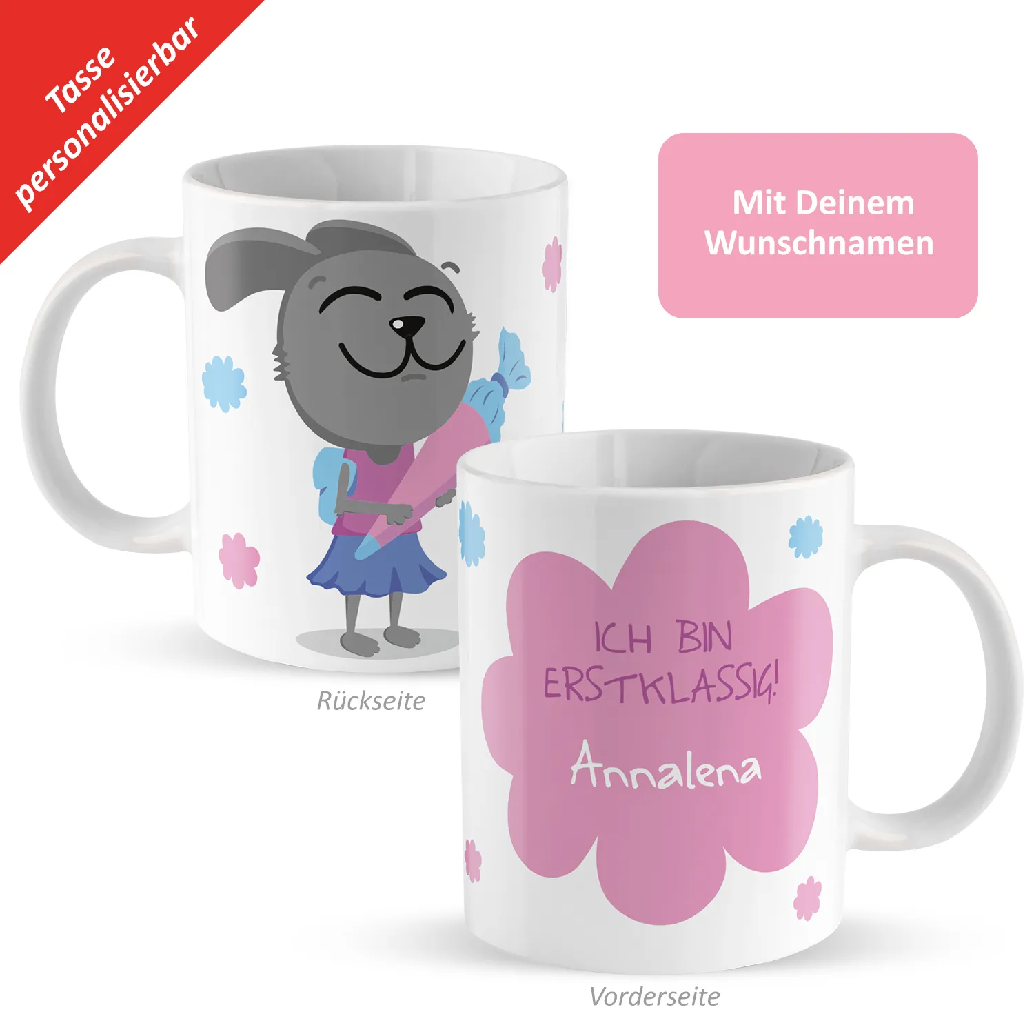Personalisierte Porzellanttasse mit Namensdruck Annalena vor rosa Blume; Rückseite Hundemotiv.