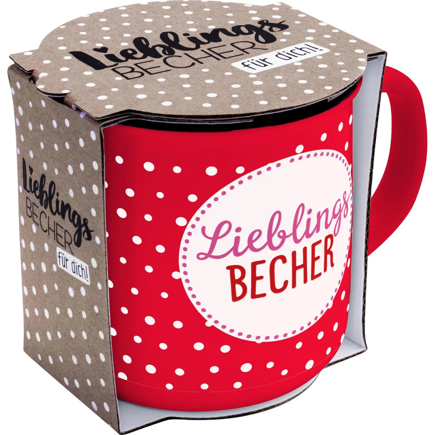 Roter Becher mit weißen Punkten und Logo 'Lieblings Becher' in Geschenkverpackung