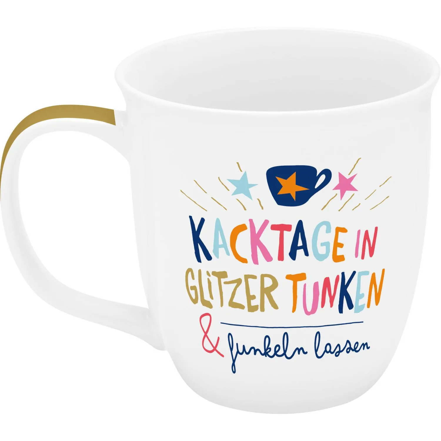 Weißer Porzellanbecher mit buntem Schriftzug und goldenen Griff