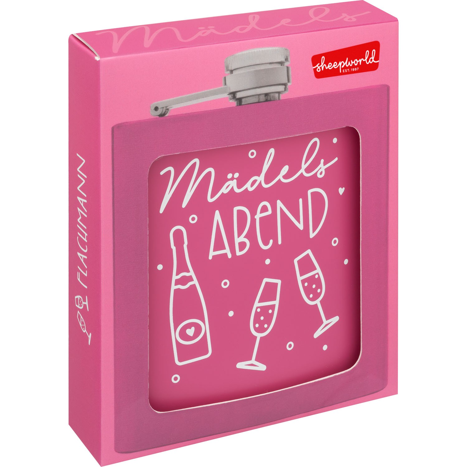 Pinkes Flachmann-Set in Sichtfenster-Verpackung mit Mädelsabend-Motiv